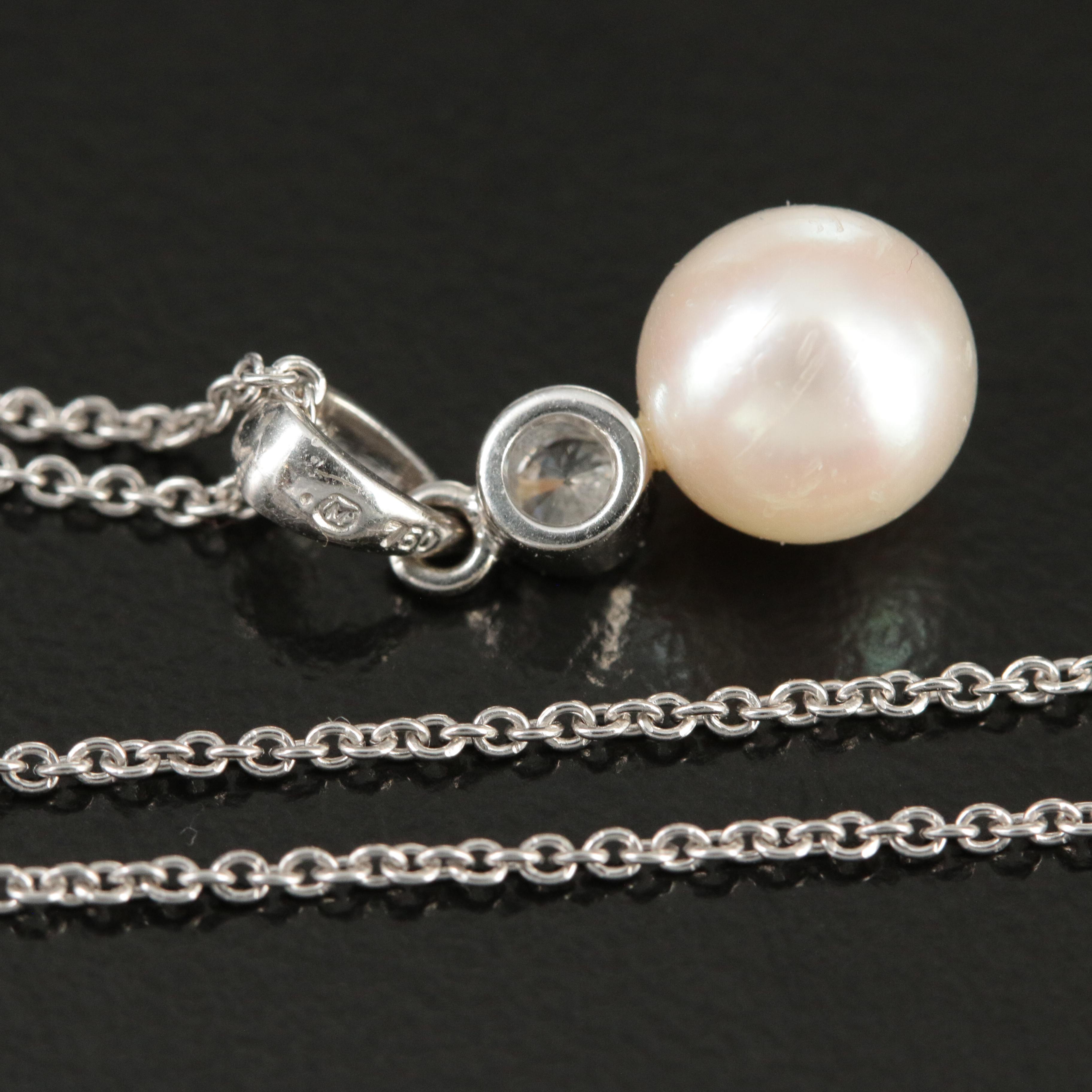Mikimoto 18K Pearl and 0.12 CT Diamond Pendant on a 14K Cable Chain