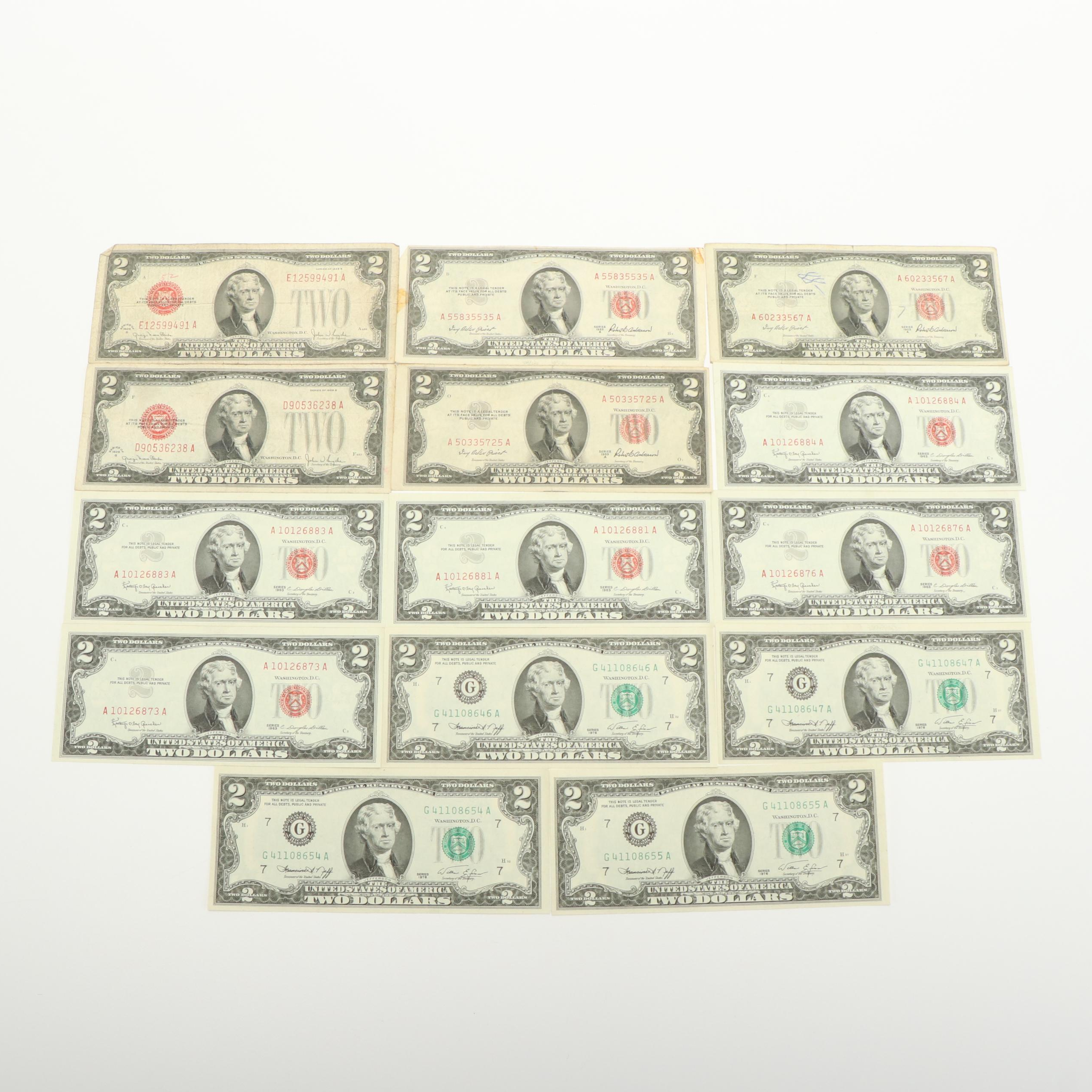 Collection of Fourteen United States Two Dollar Bills