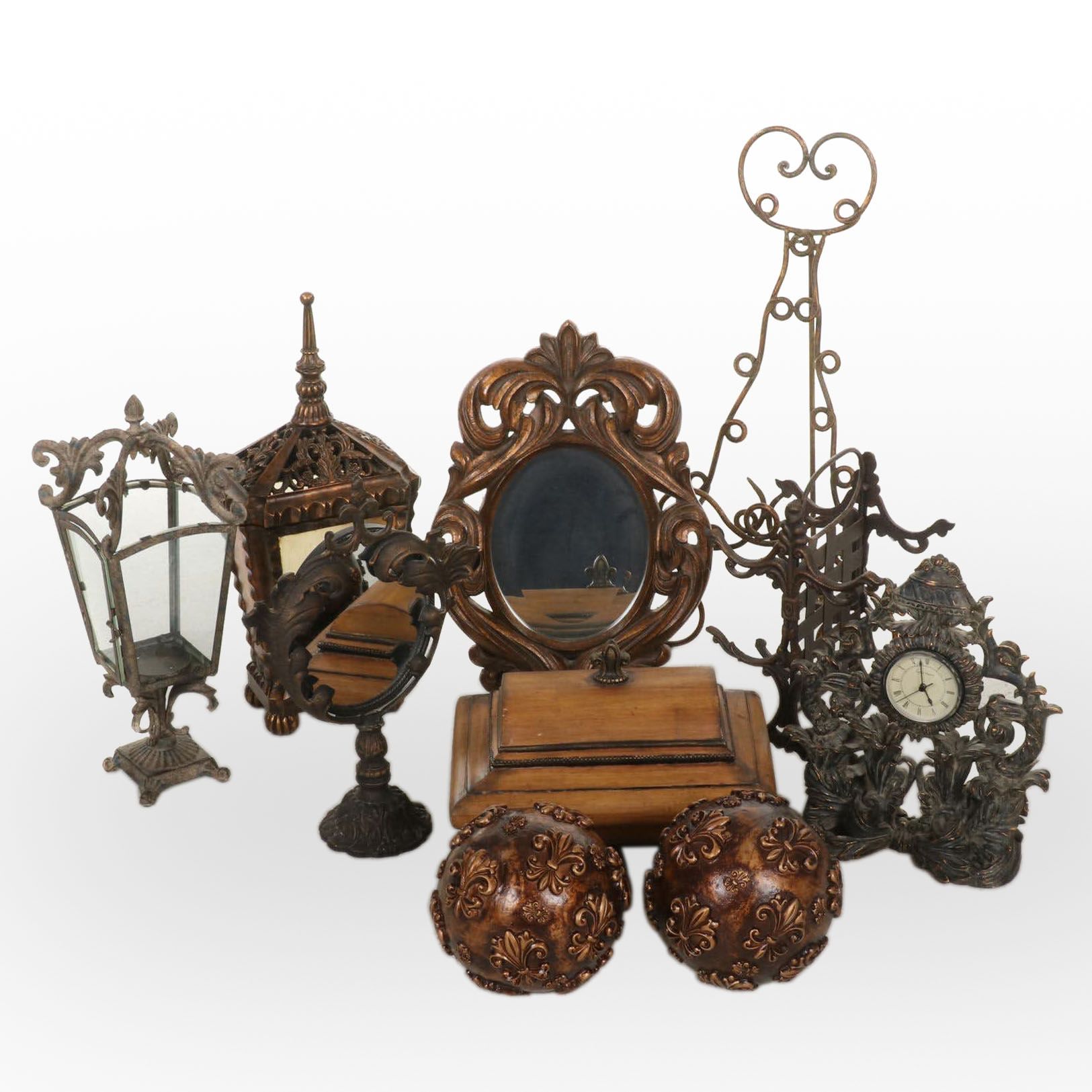 Rococo Style Vanity Mirror With Picture Easel, Clock, Trinket Box, More Decor