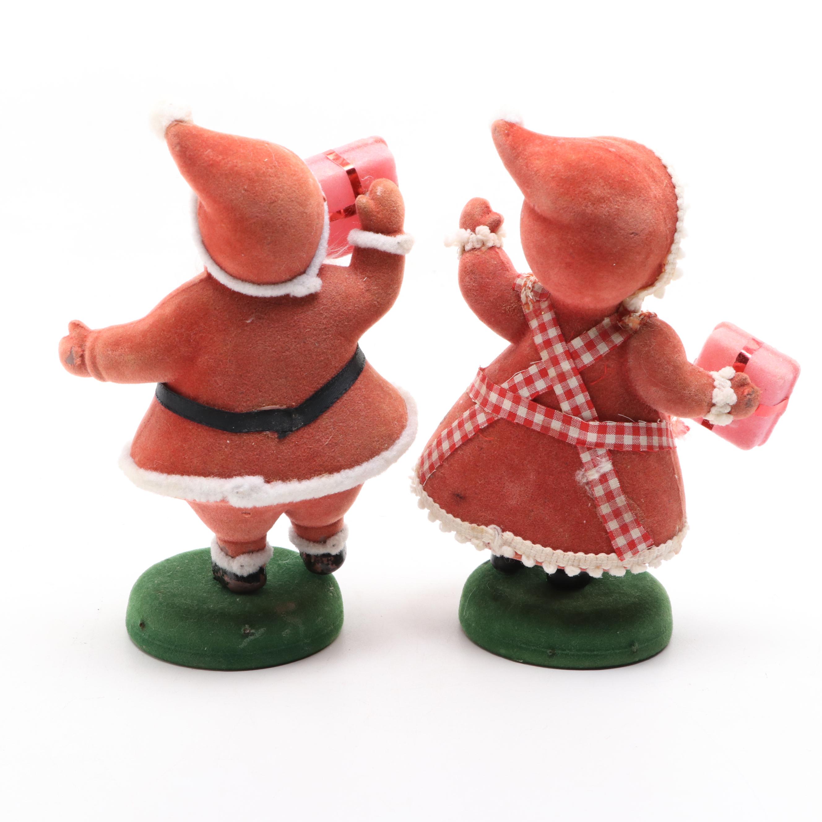 Flocked Santa and Mrs. Claus Figurines, Mid-20th Century
