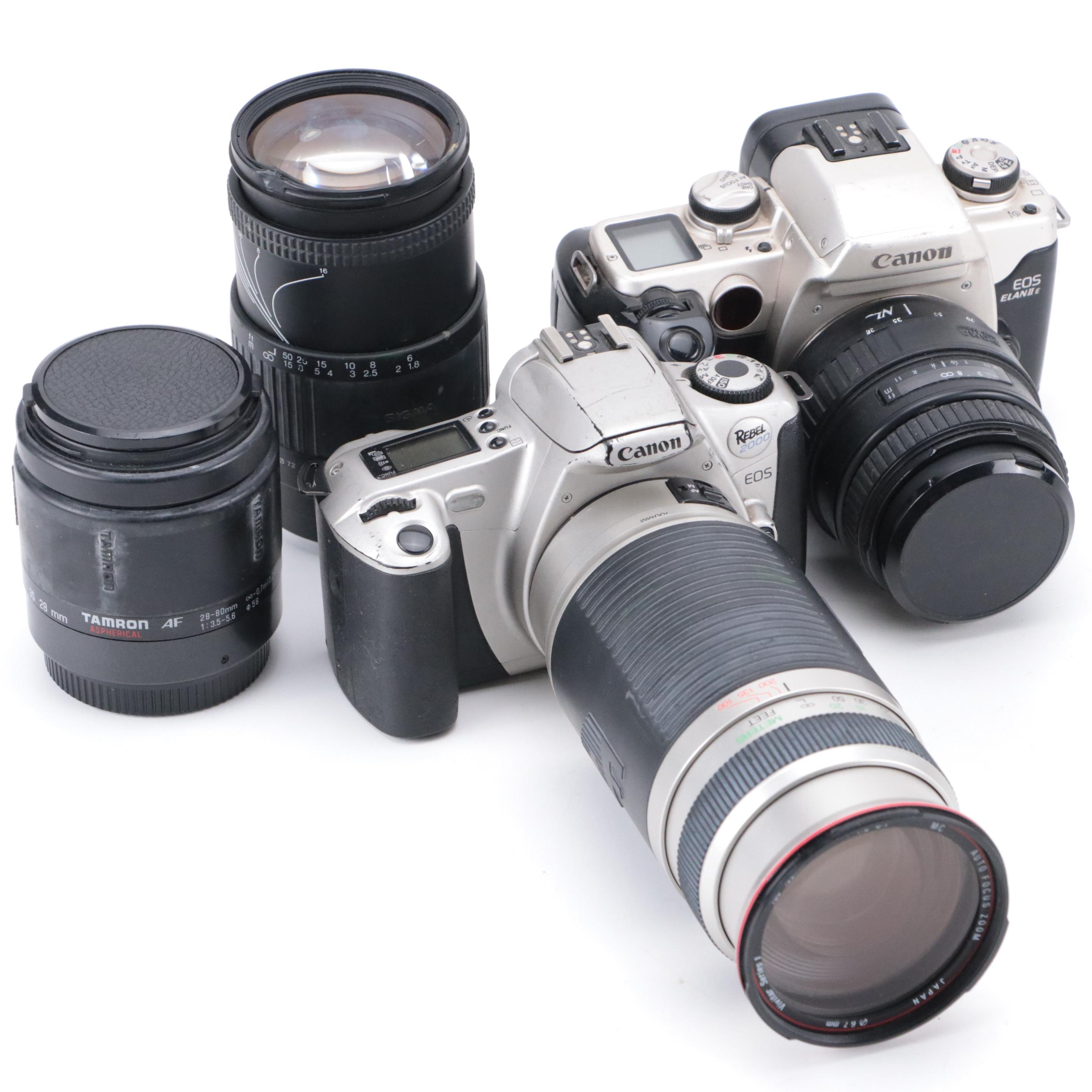 Canon EOS Rebel 2000 and EOS Elan II E 35mm Film Cameras With Lenses