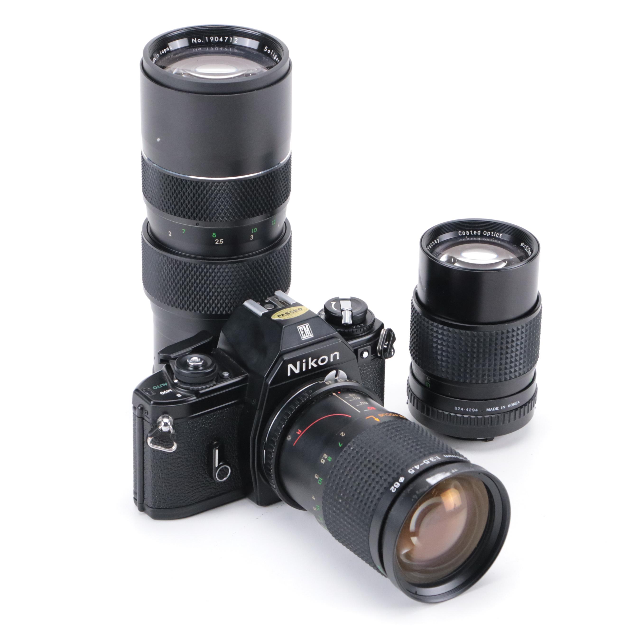 Nikon EM 35mm Camera with 135 and 205mm Lenses