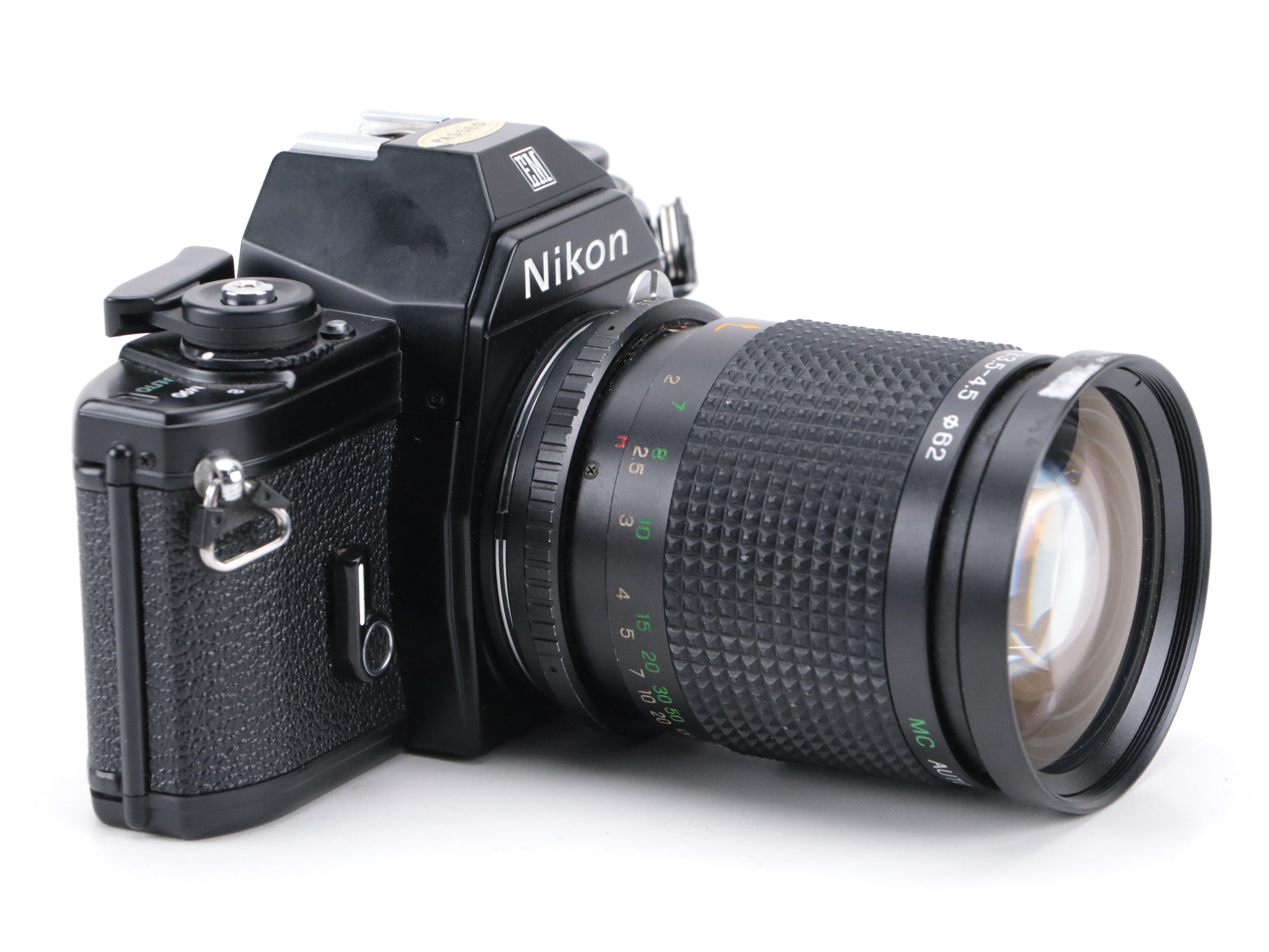 Nikon EM 35mm Camera with 135 and 205mm Lenses
