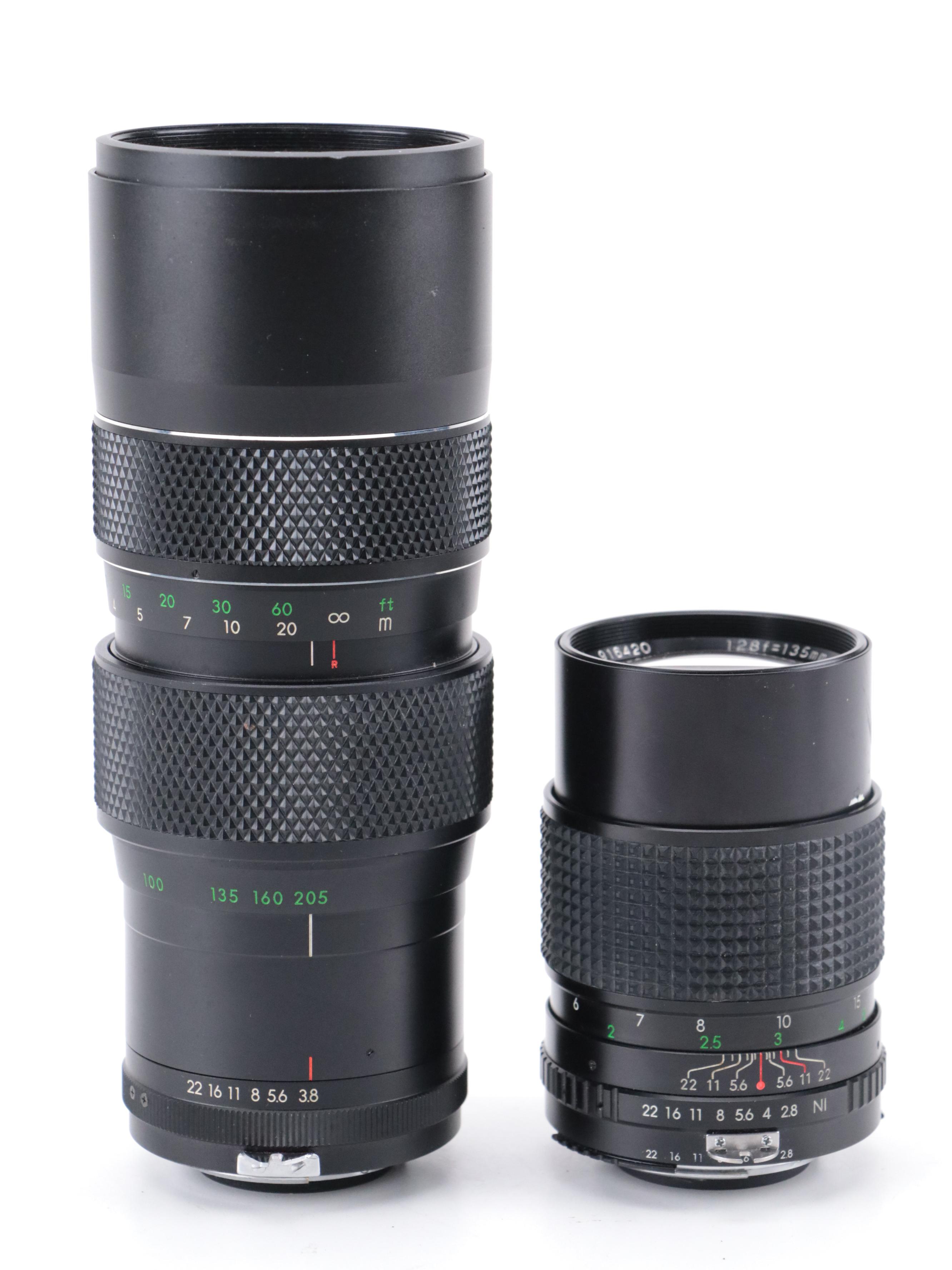 Nikon EM 35mm Camera with 135 and 205mm Lenses