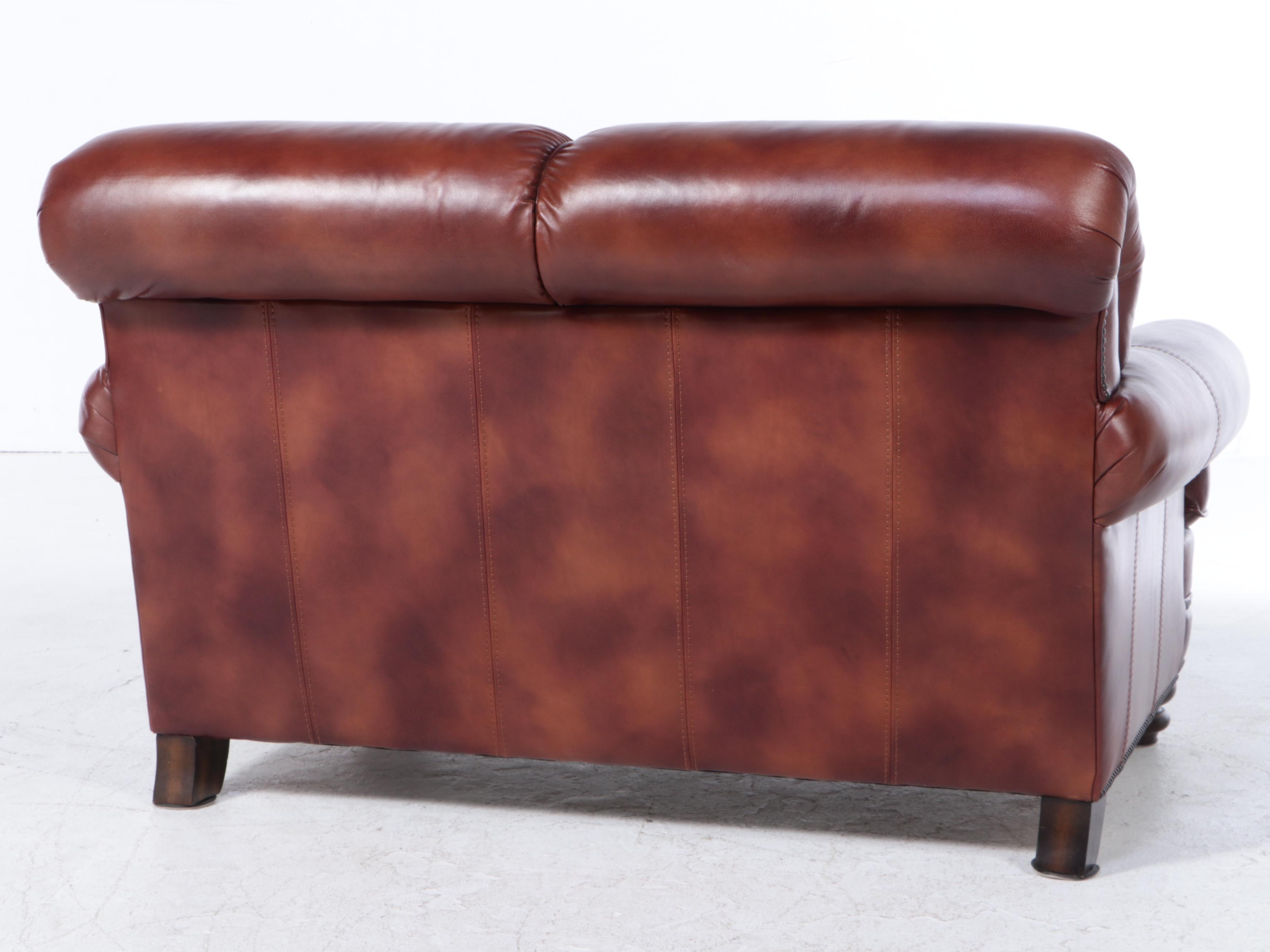 Flexsteel Leather-Upholstered and Brass-Tacked Loveseat