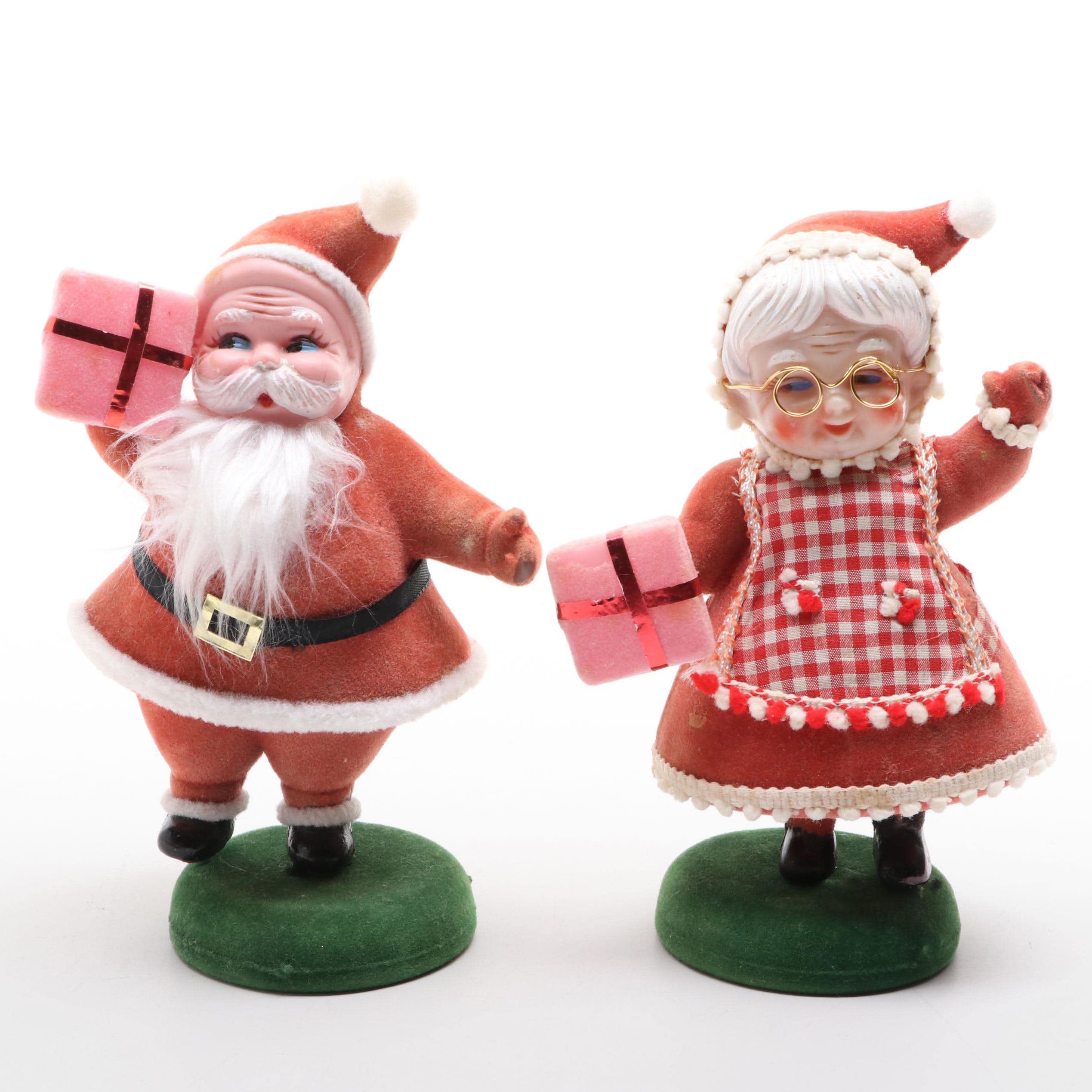 Flocked Santa and Mrs. Claus Figurines, Mid-20th Century