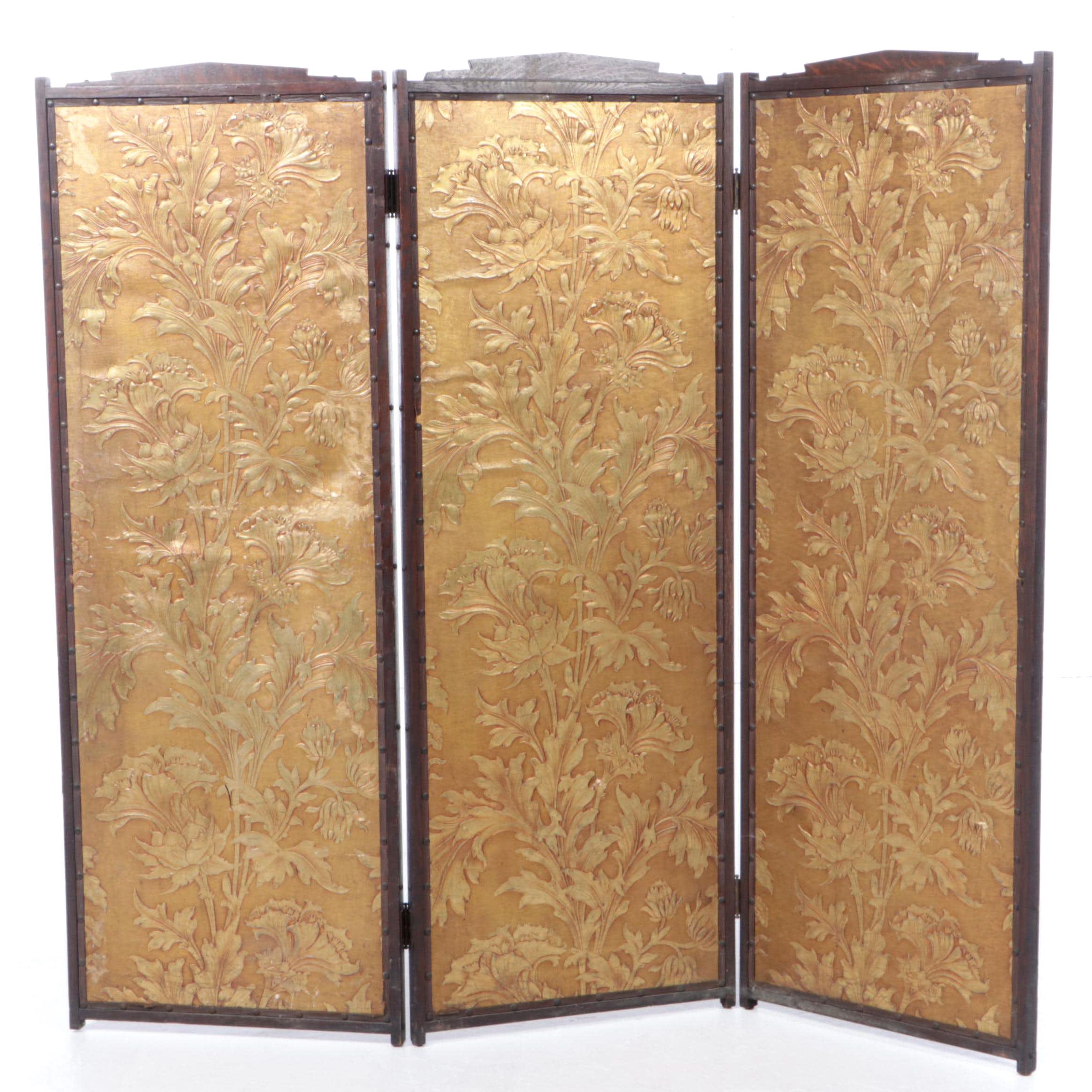 Arts & Crafts Oak and Embossed Paperboard-on-Canvas Three-Fold Screen