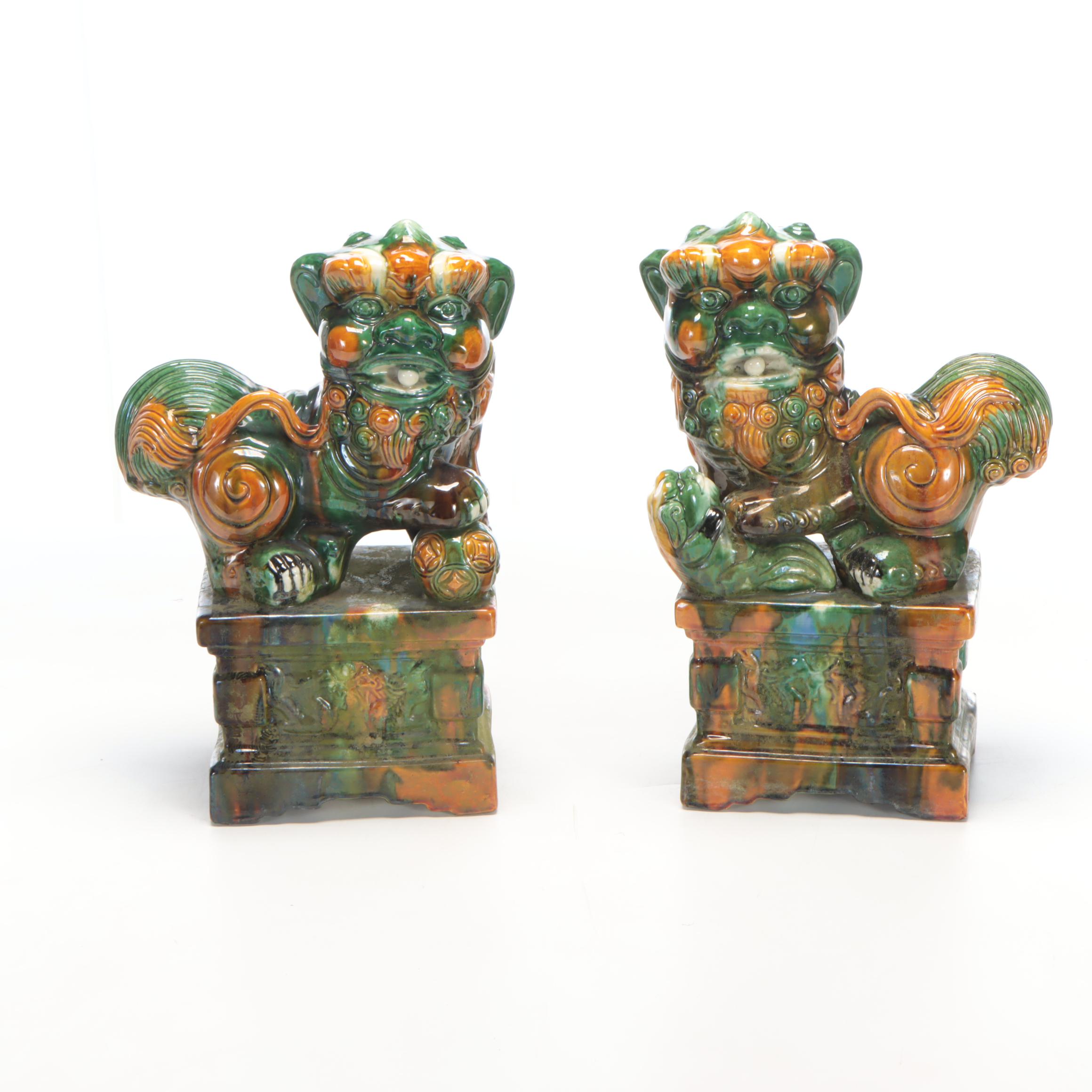 Pair of Chinese Style Sancai-Type Glaze Ceramic Guardian Lions