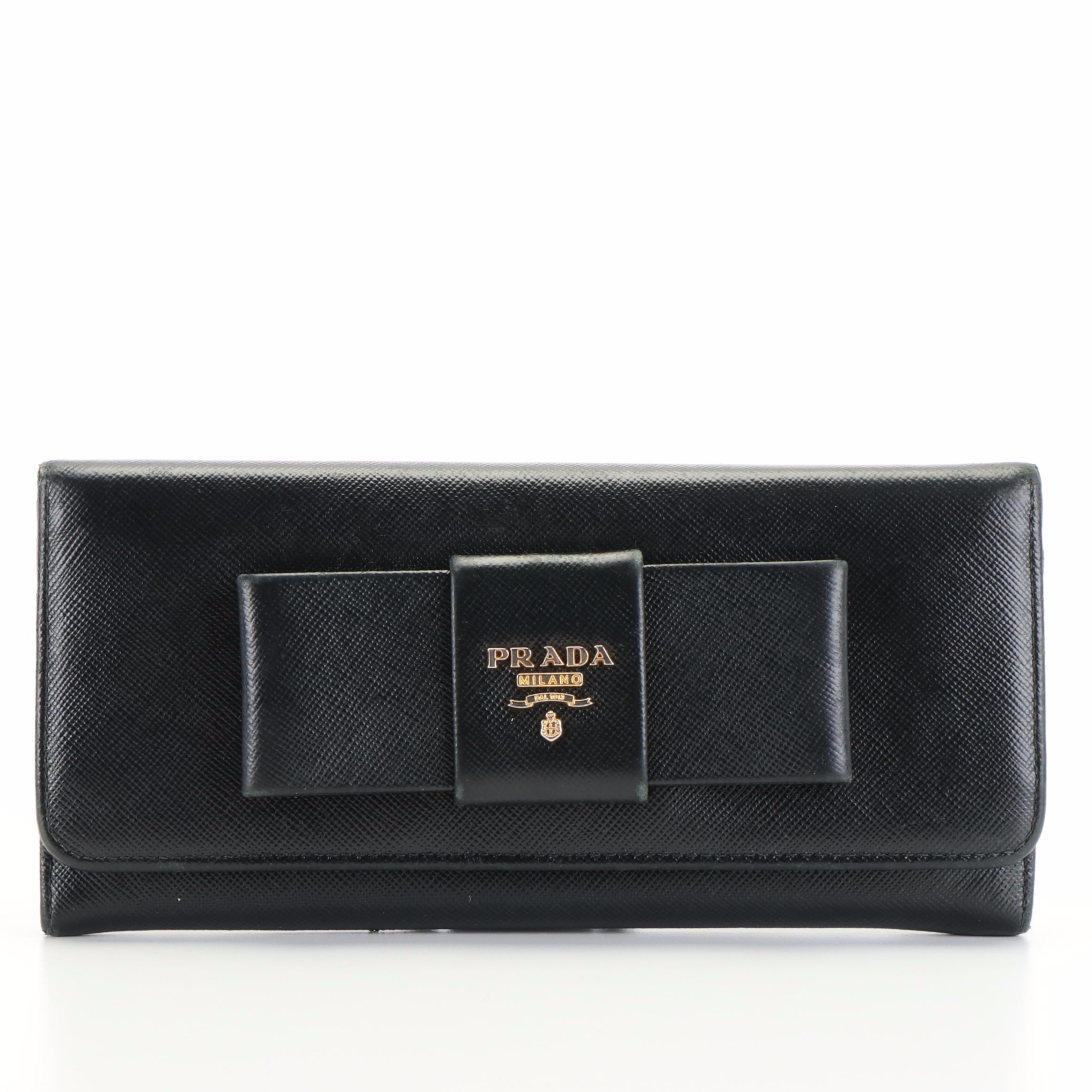 Prada Bow Continental Wallet in Black Saffiano Lux Leather