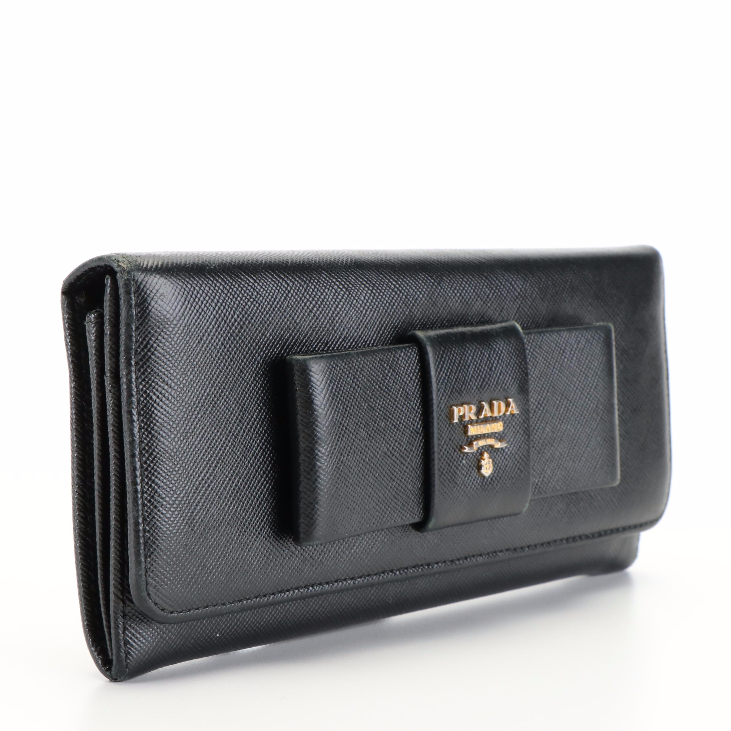 Prada Bow Continental Wallet in Black Saffiano Lux Leather