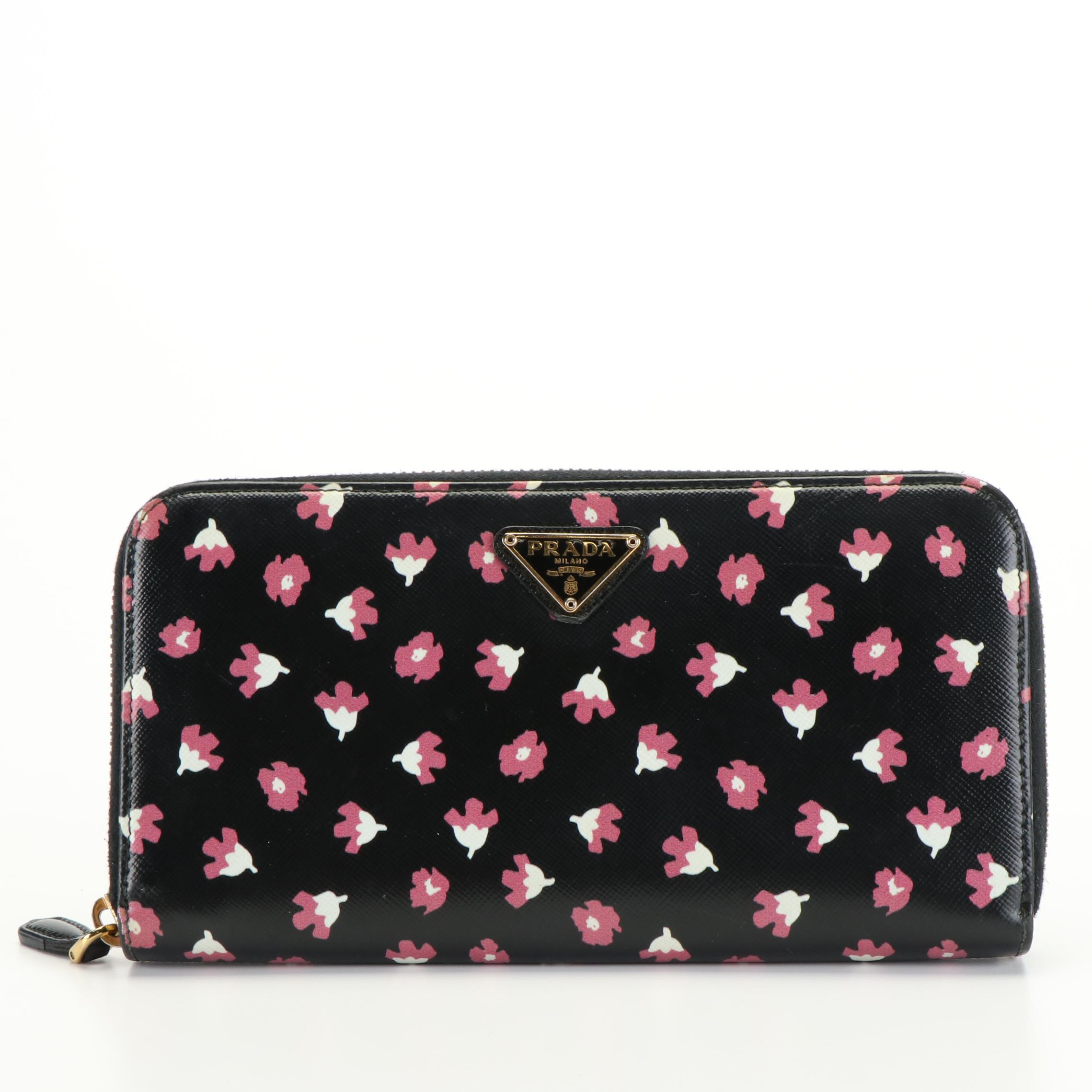 Prada Pink and White Floral on Black Leather Zip Around Wallet