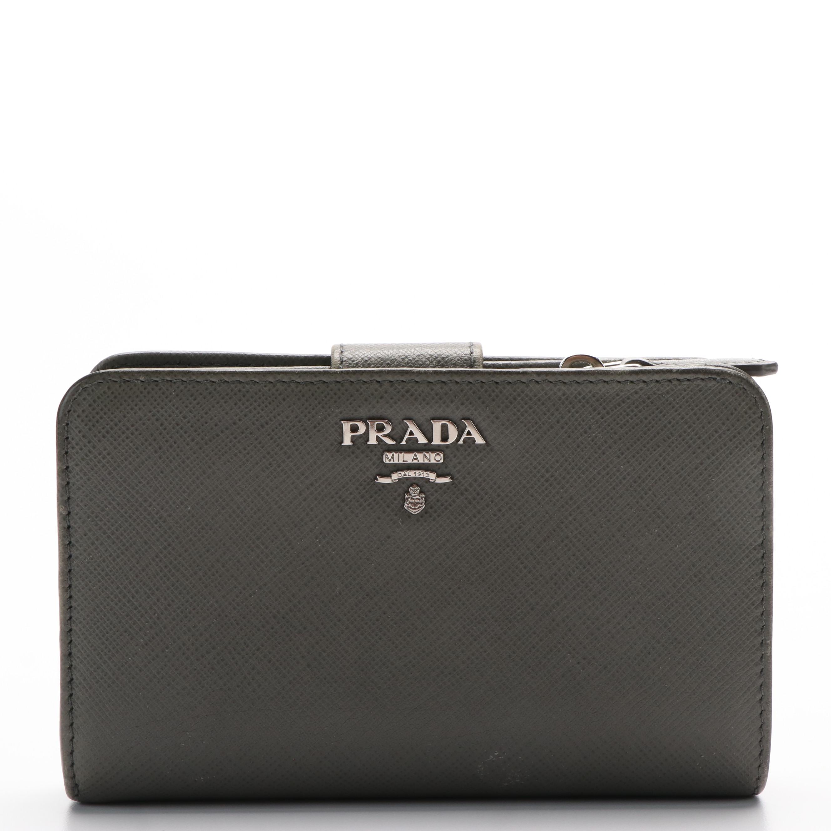 Prada Zip Around Continental Wallet in Grey Saffiano Leather