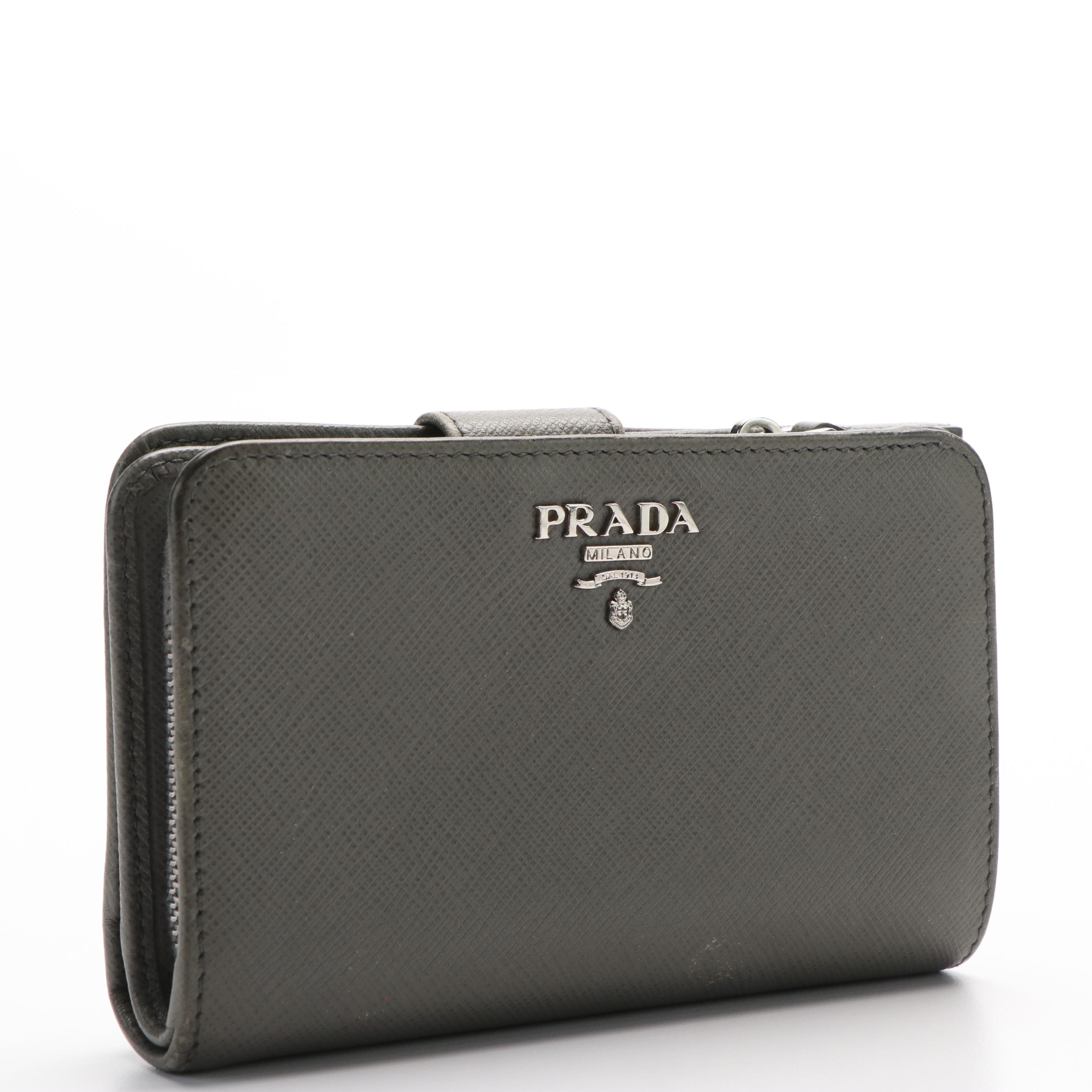 Prada Zip Around Continental Wallet in Grey Saffiano Leather
