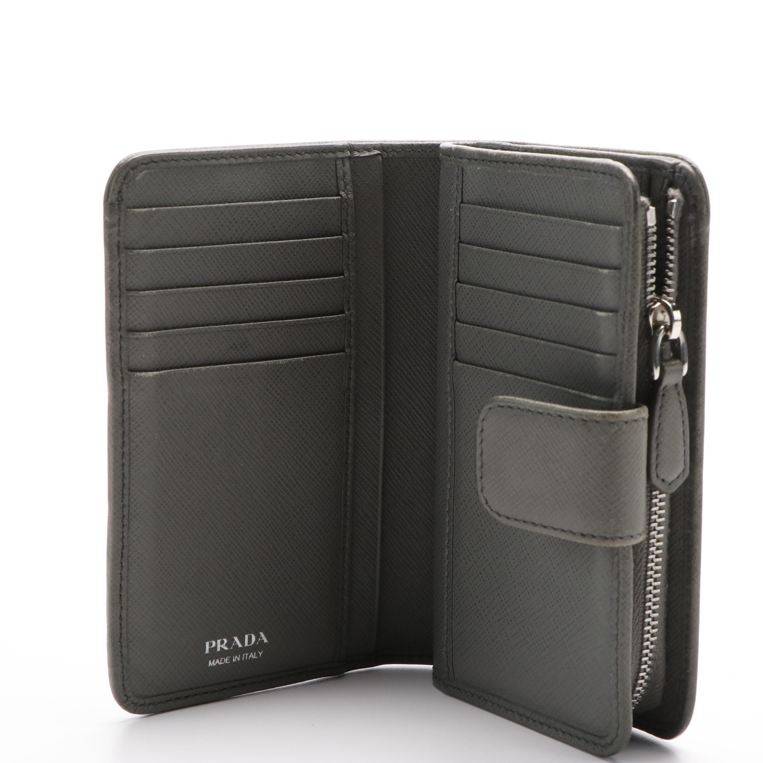 Prada Zip Around Continental Wallet in Grey Saffiano Leather