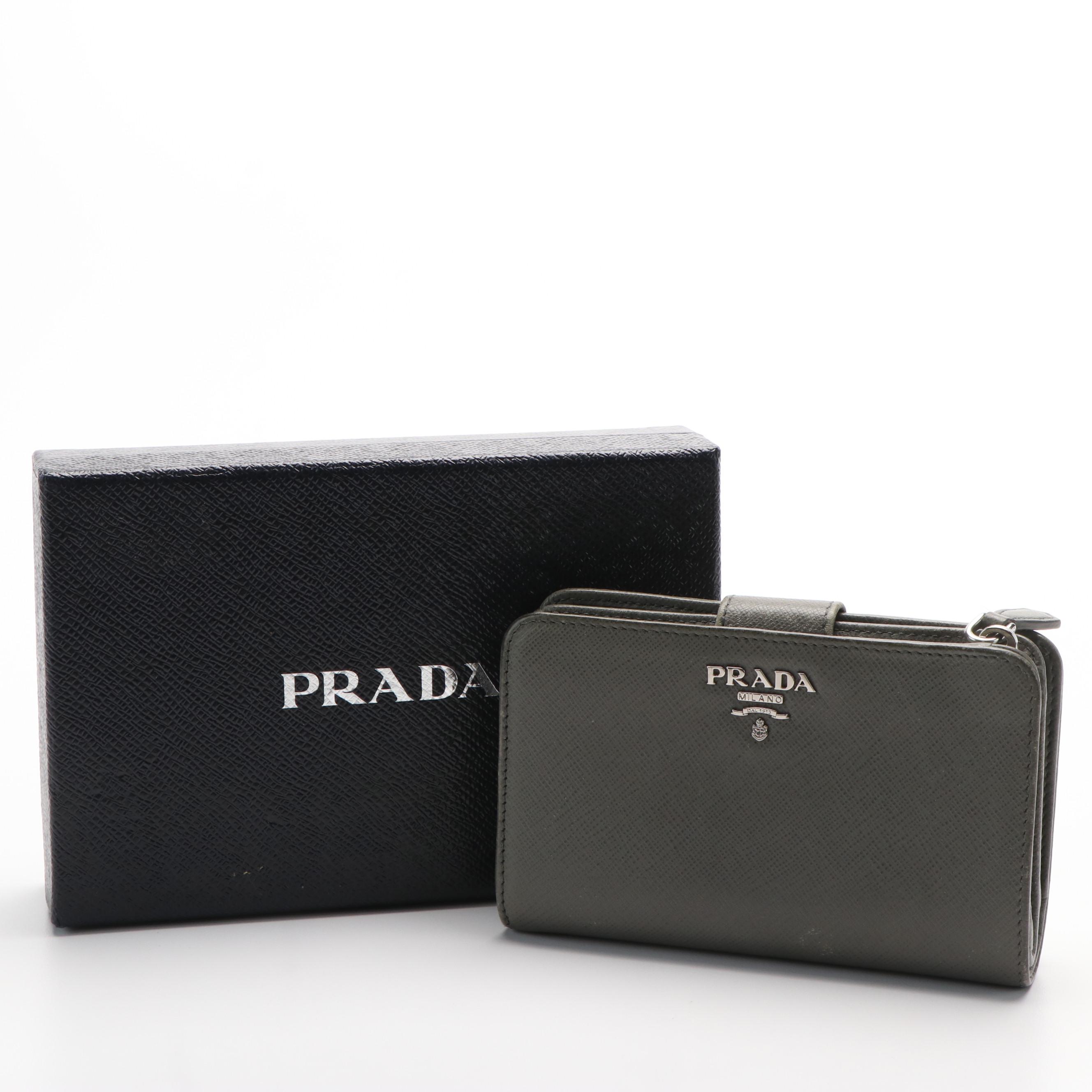 Prada Zip Around Continental Wallet in Grey Saffiano Leather