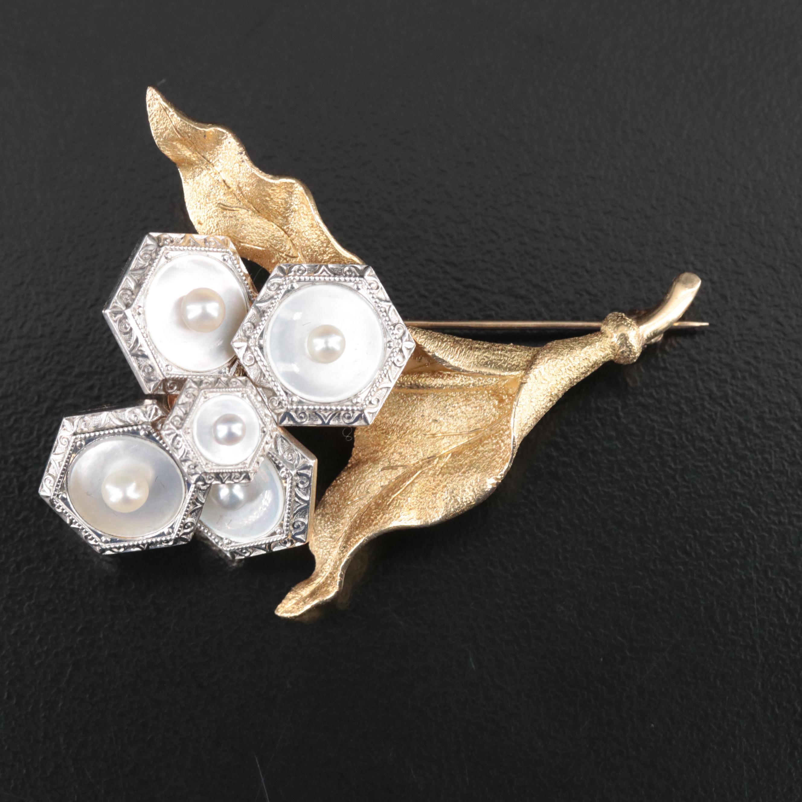 Platinum and 18K Mother-of-Pearl and Seed Pearl Brooch