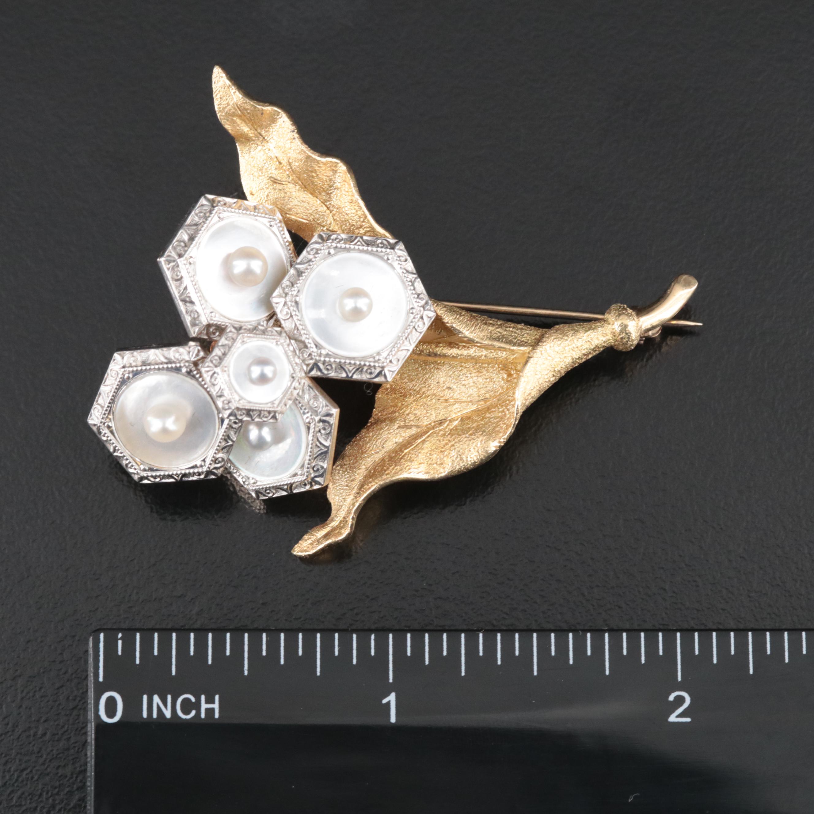 Platinum and 18K Mother-of-Pearl and Seed Pearl Brooch