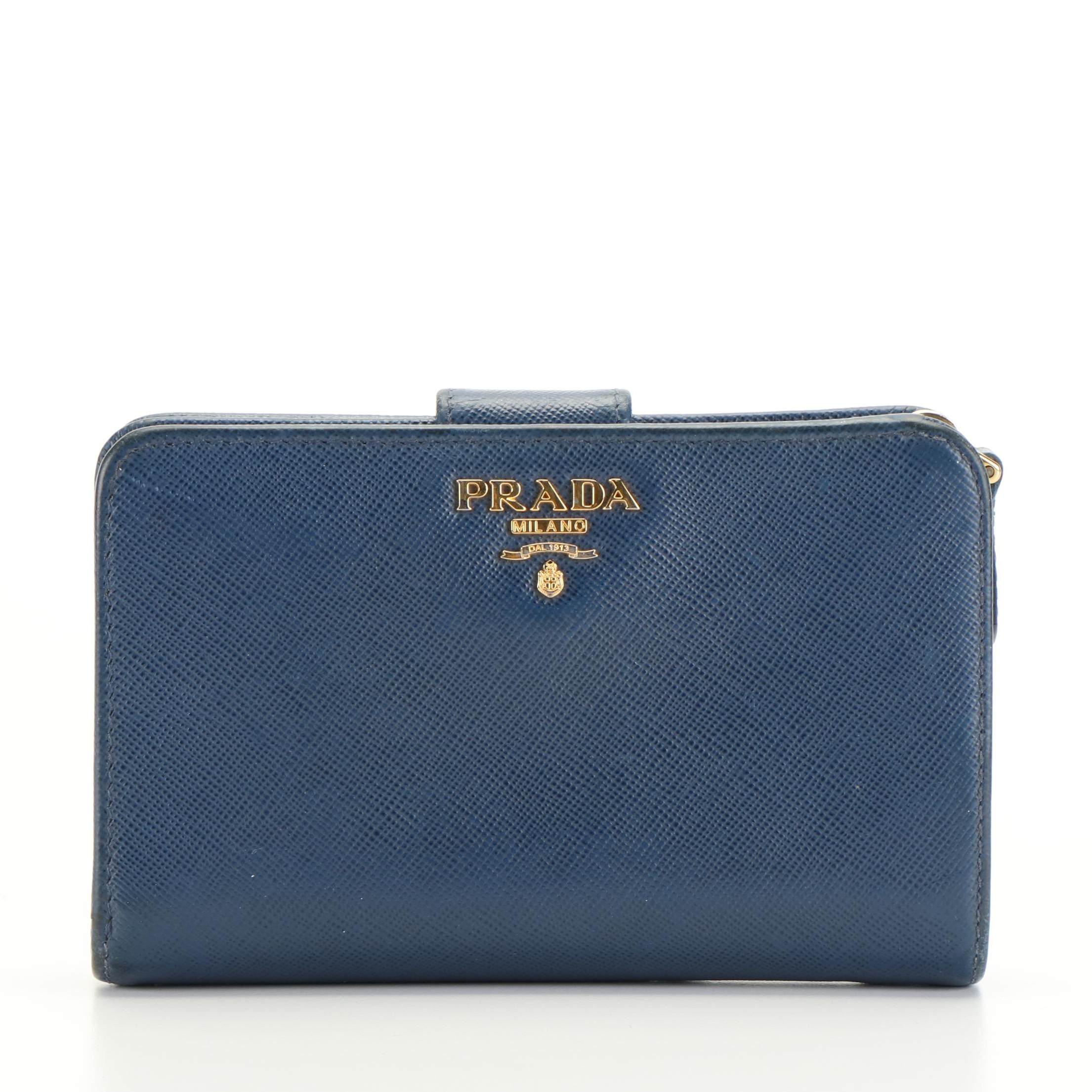 Prada Blue Saffiano Leather French Wallet