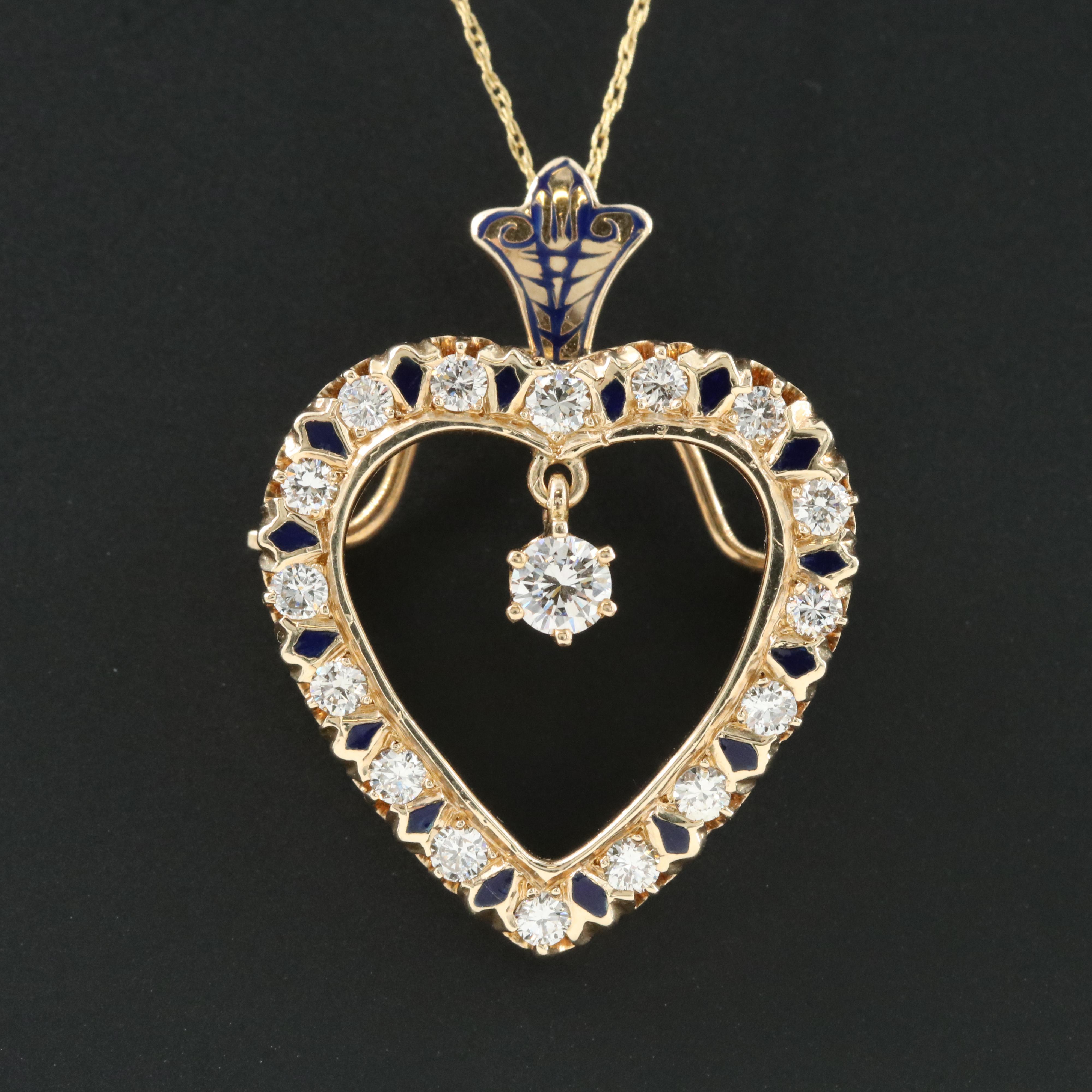 14K Diamond and Enamel Heart Converter Pendant Necklace EBTH