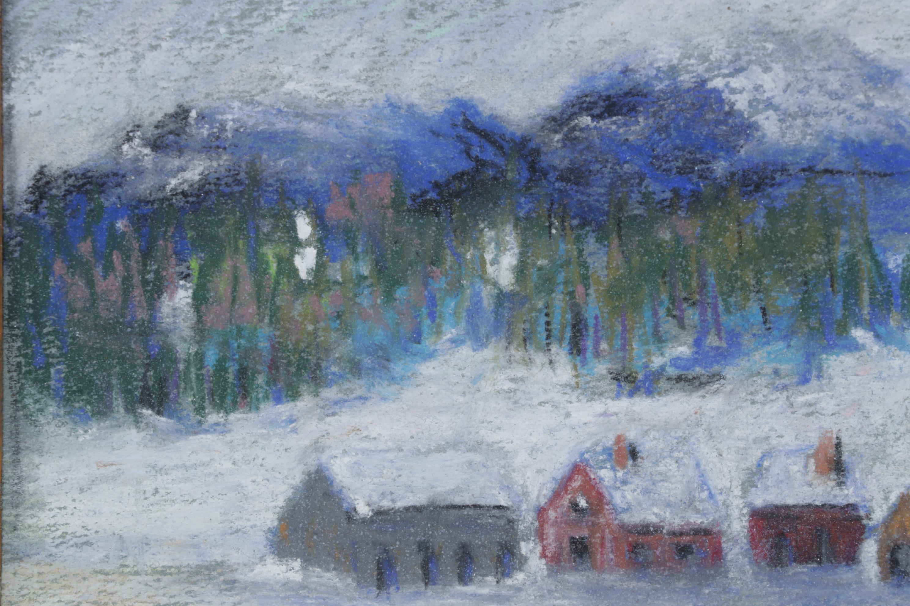 Winter Landscape Pastel Drawing of Snowy Distant Houses