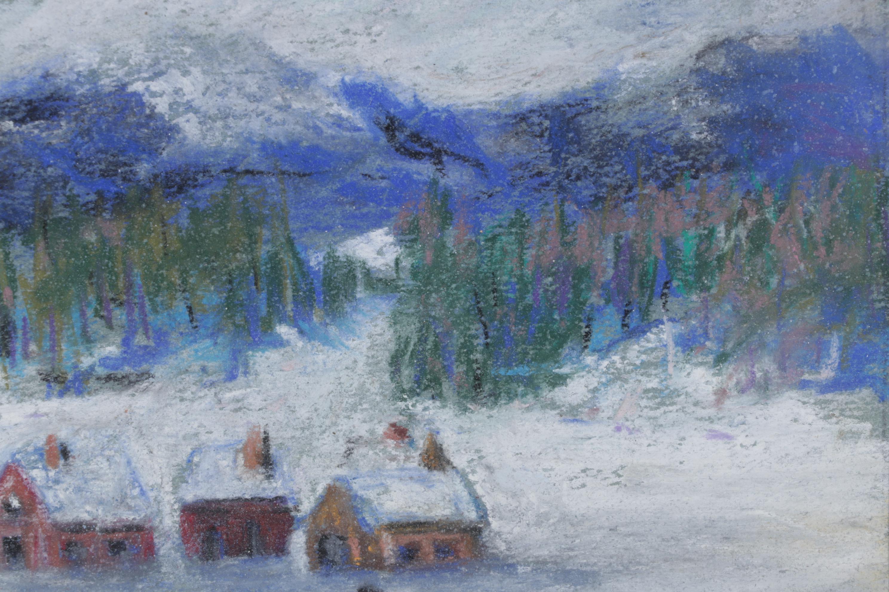 Winter Landscape Pastel Drawing of Snowy Distant Houses