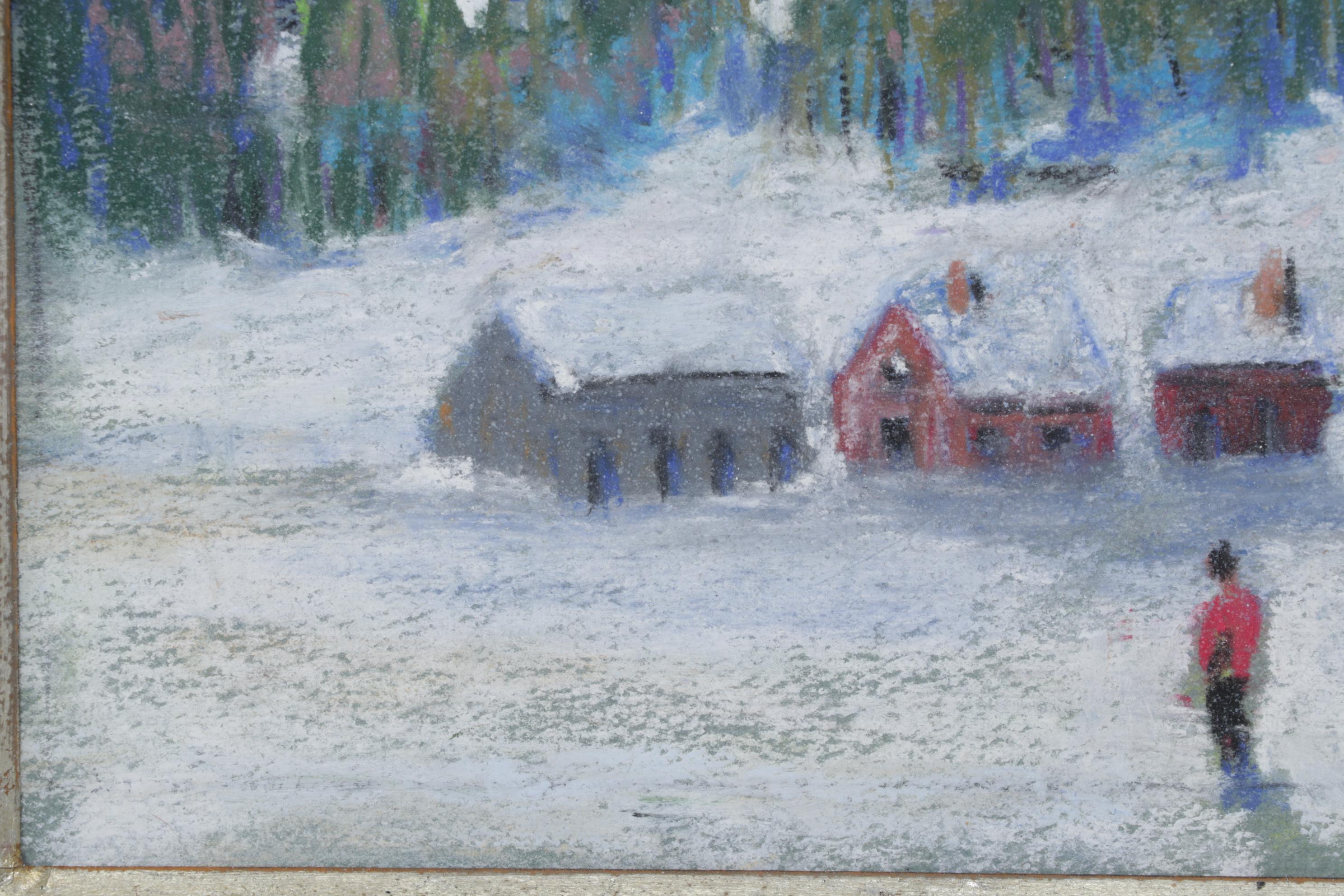 Winter Landscape Pastel Drawing of Snowy Distant Houses