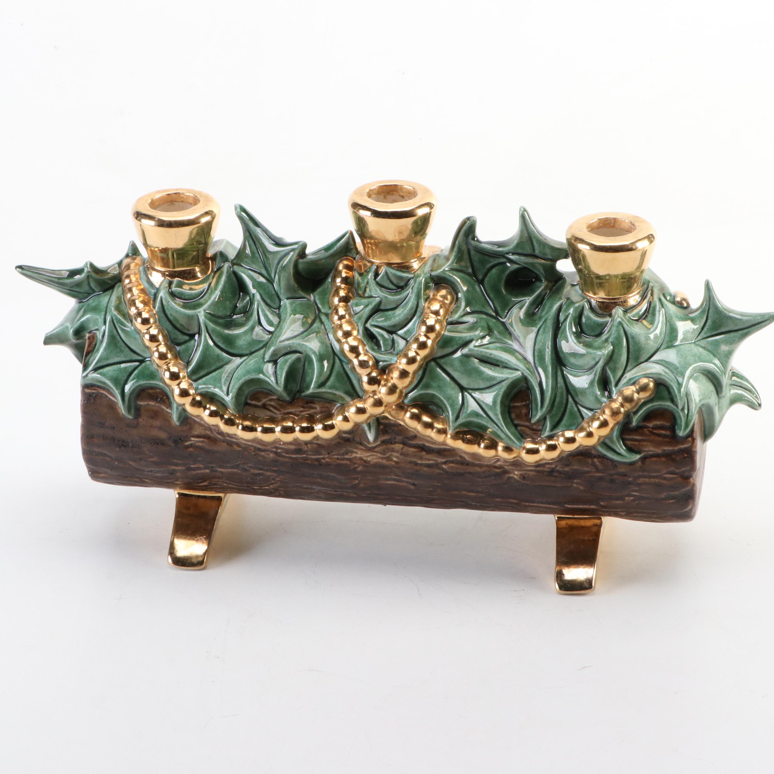 Atlantic Mold Ceramic Yule Log Candle Holder with Illuminated Ceramic Trees