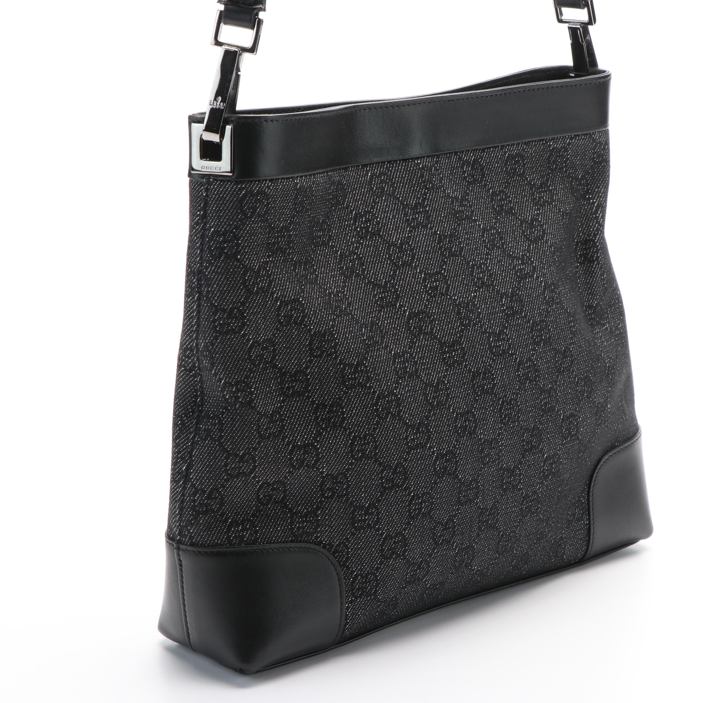 Gucci GG Denim Canvas Leather Trimmed Hobo Bag