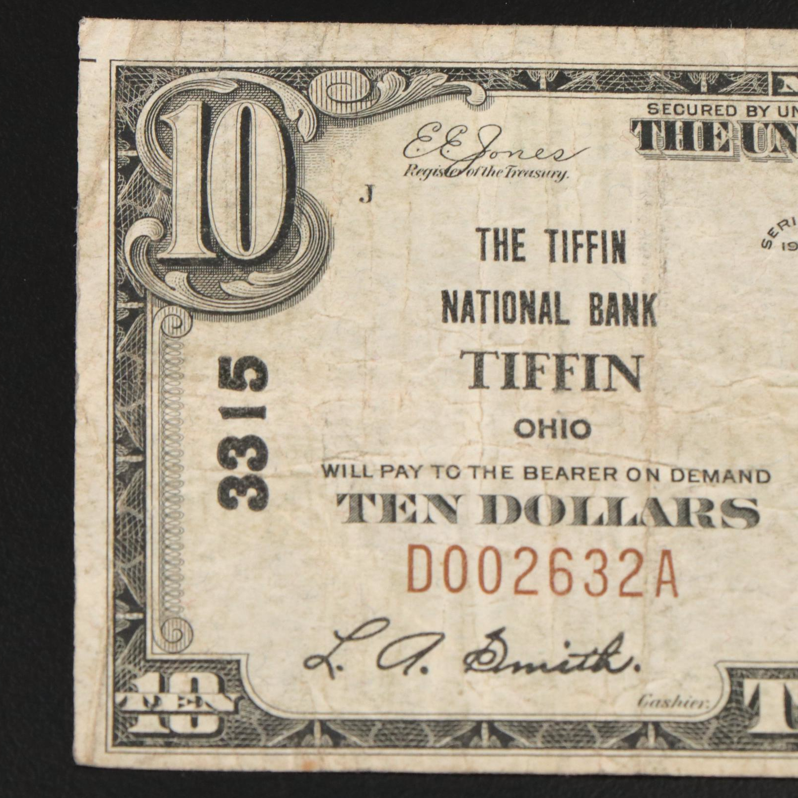 1929 Ten Dollar National bank Note From The Tiffin National Bank