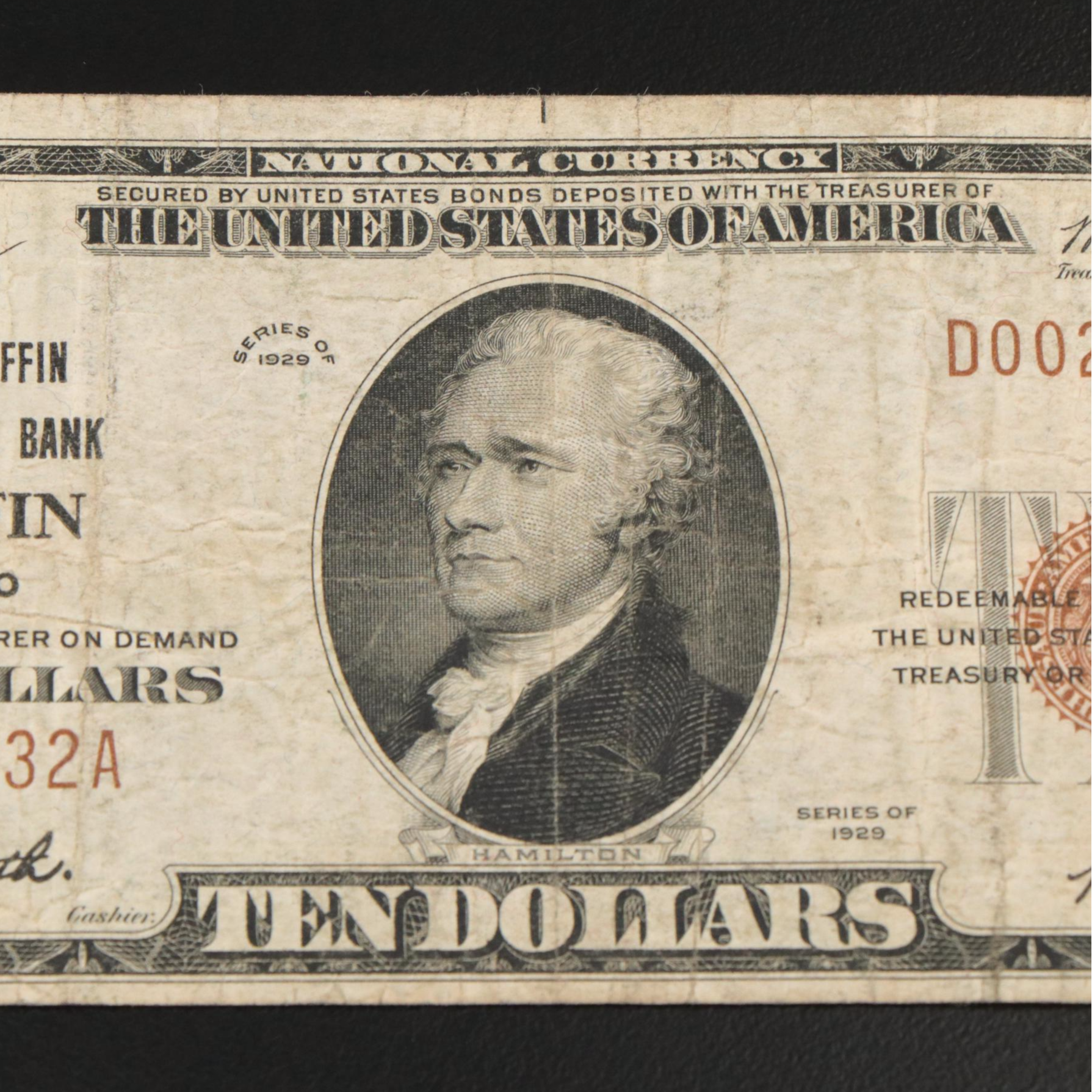 1929 Ten Dollar National bank Note From The Tiffin National Bank