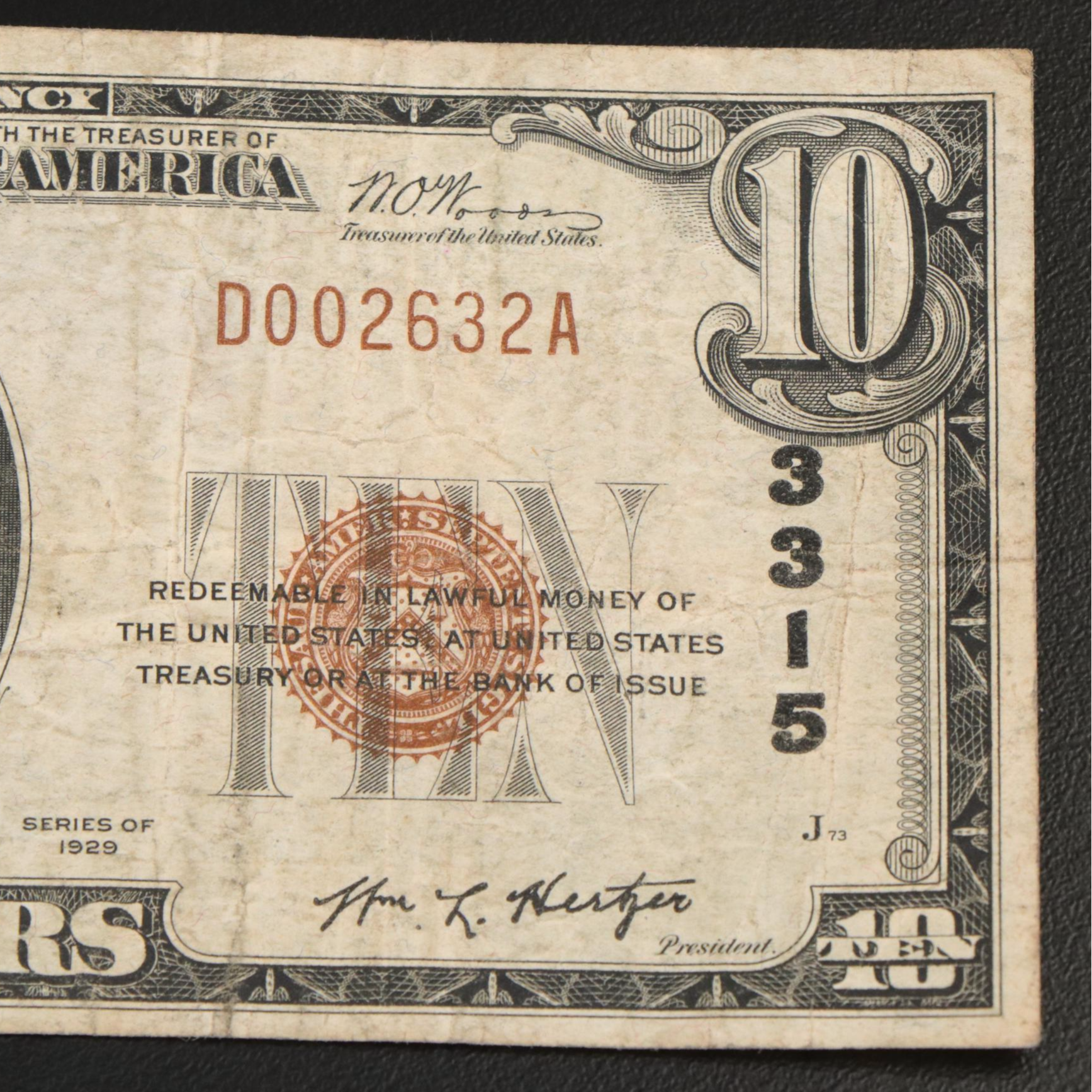 1929 Ten Dollar National bank Note From The Tiffin National Bank
