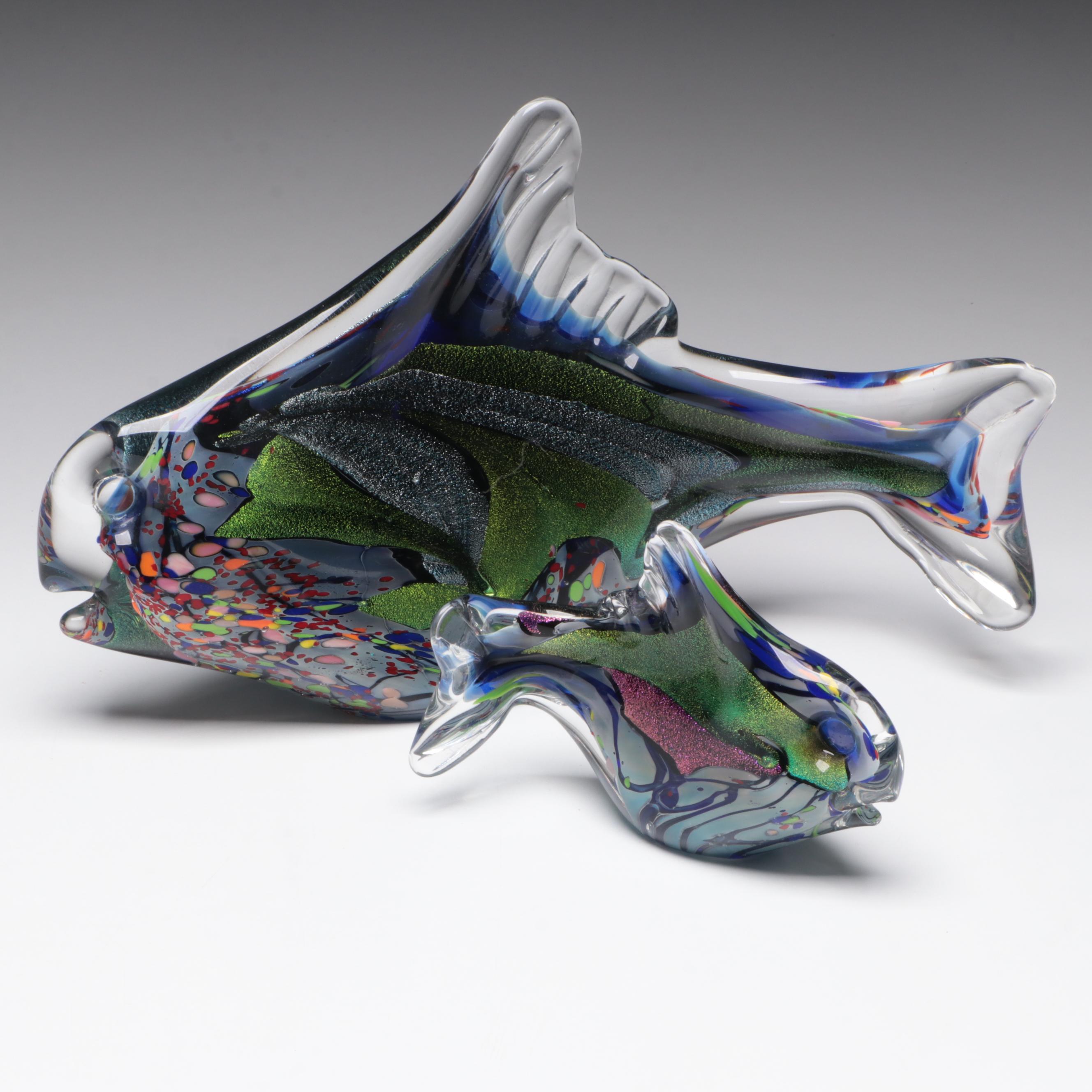 Rollin Karg Dichroic and Multicolor Art Glass Fish Sculptures, 2002