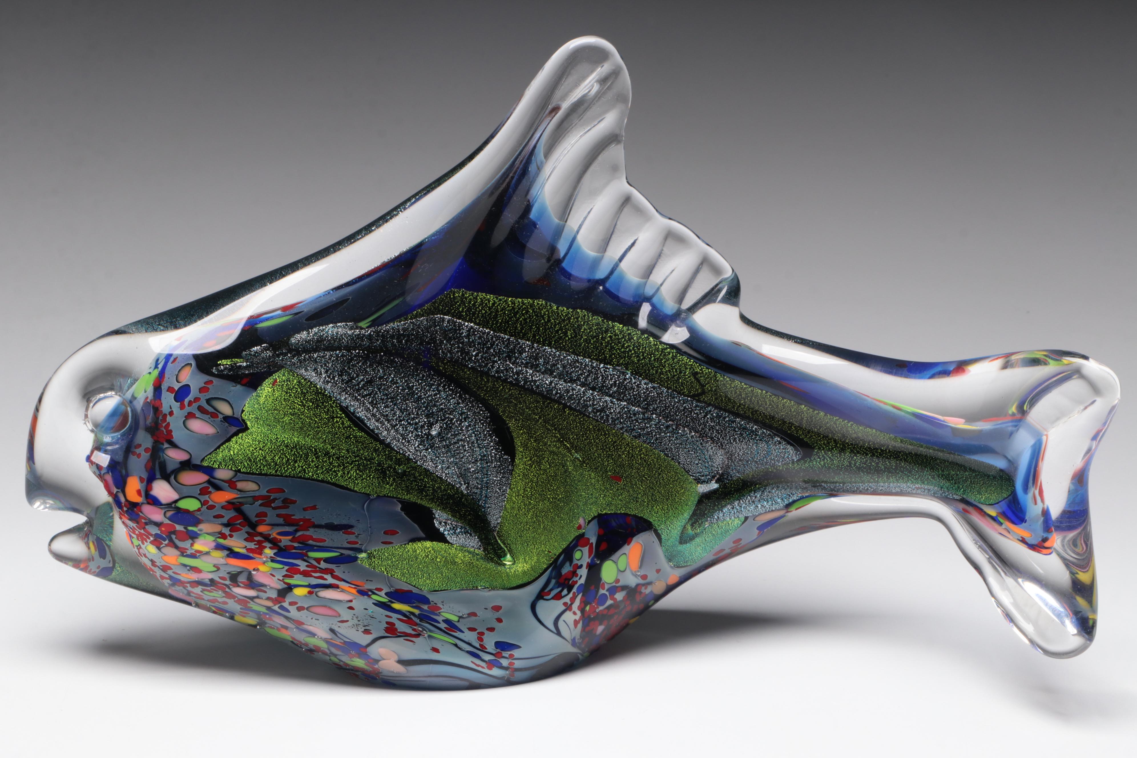 Rollin Karg Dichroic and Multicolor Art Glass Fish Sculptures, 2002