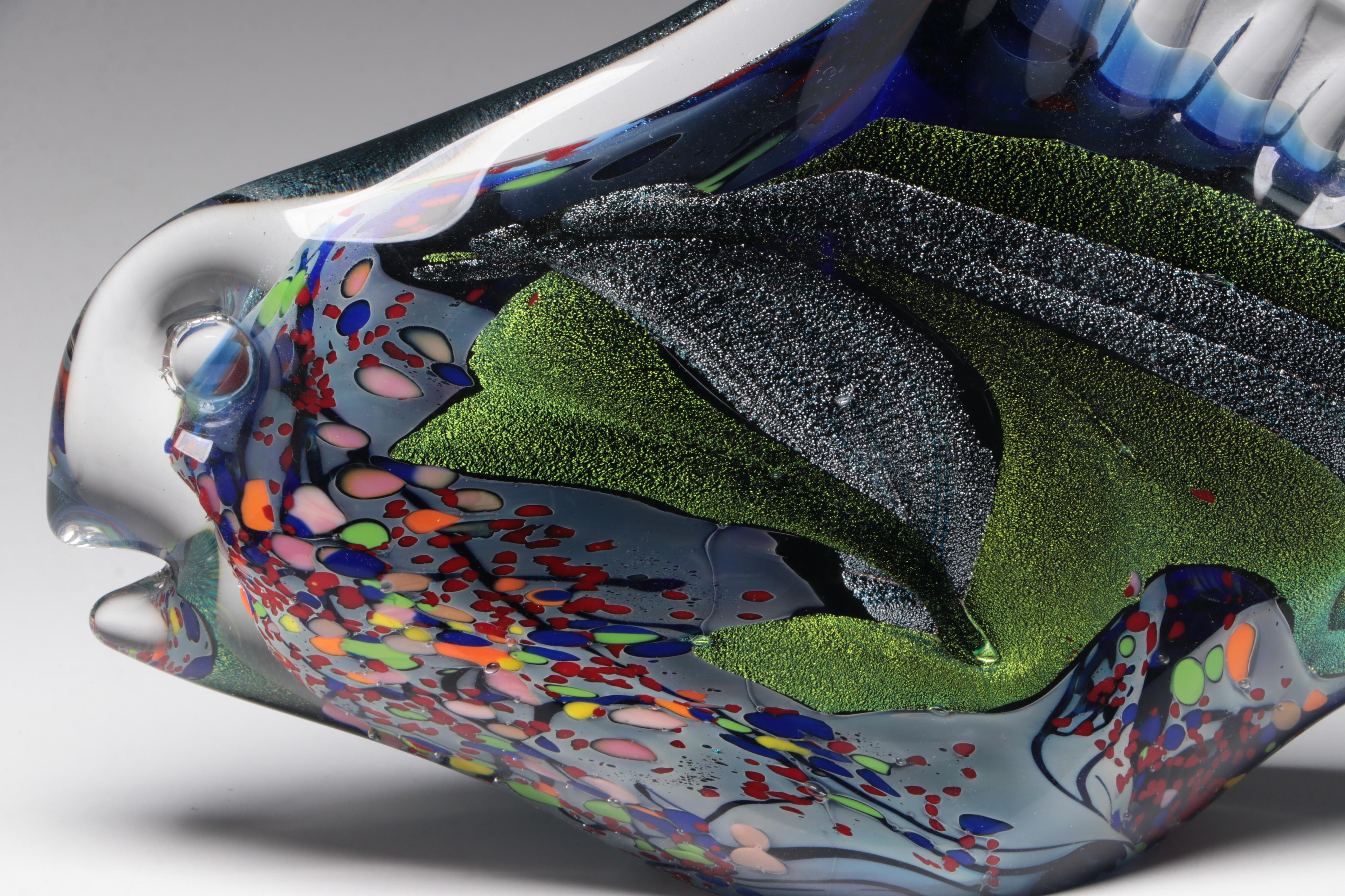 Rollin Karg Dichroic and Multicolor Art Glass Fish Sculptures, 2002