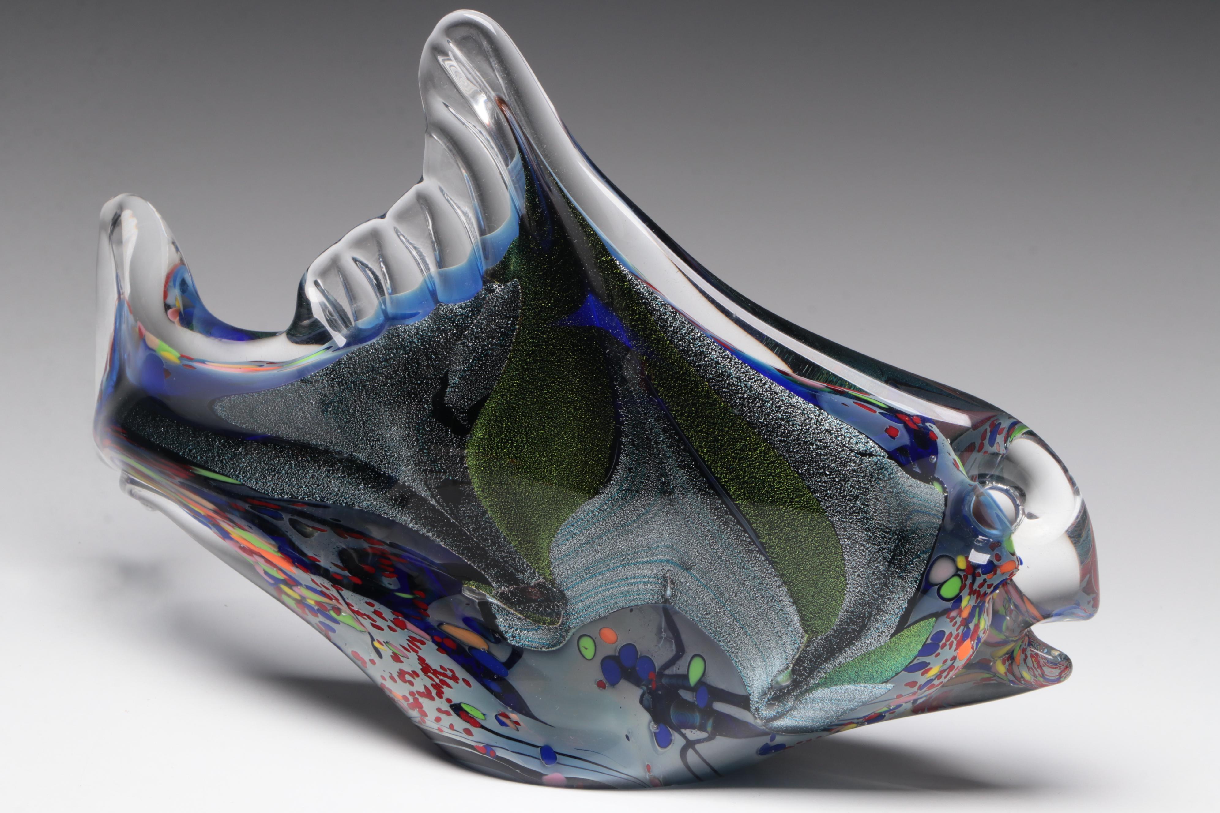 Rollin Karg Dichroic and Multicolor Art Glass Fish Sculptures, 2002