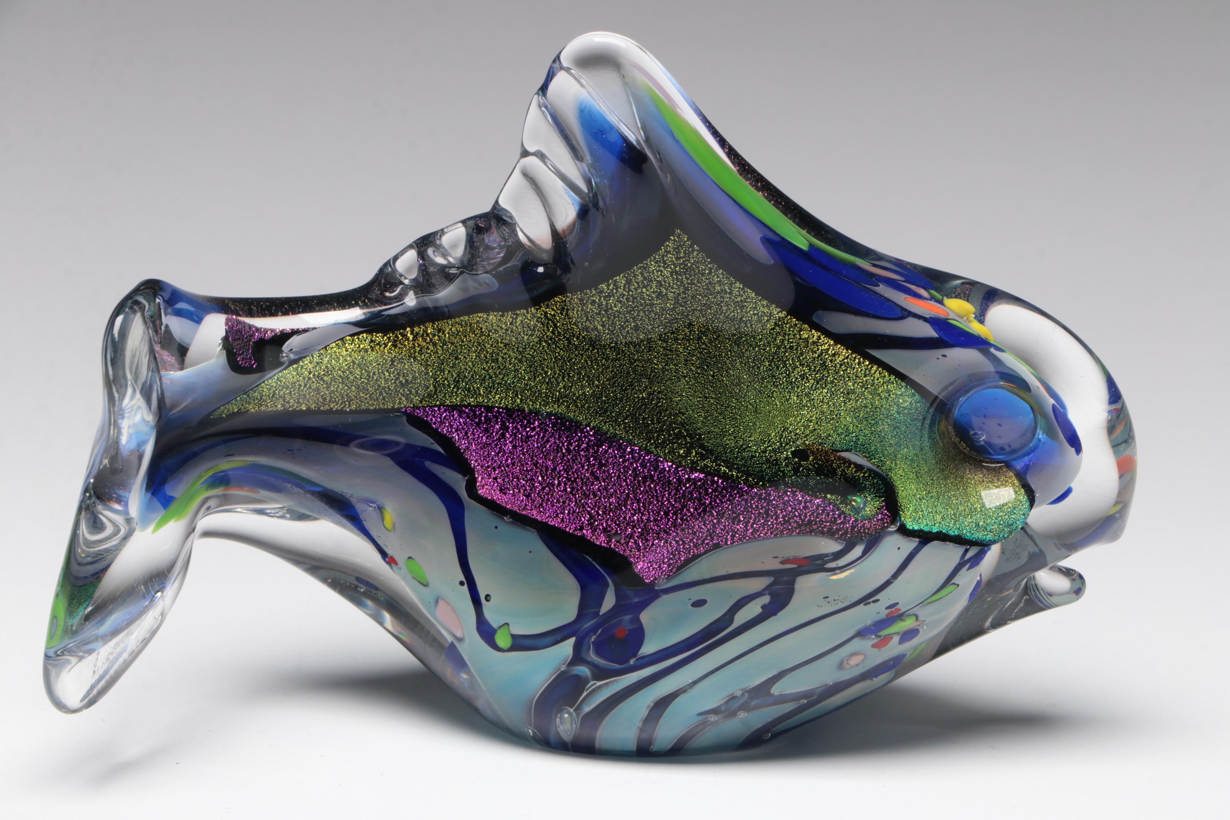 Rollin Karg Dichroic and Multicolor Art Glass Fish Sculptures, 2002