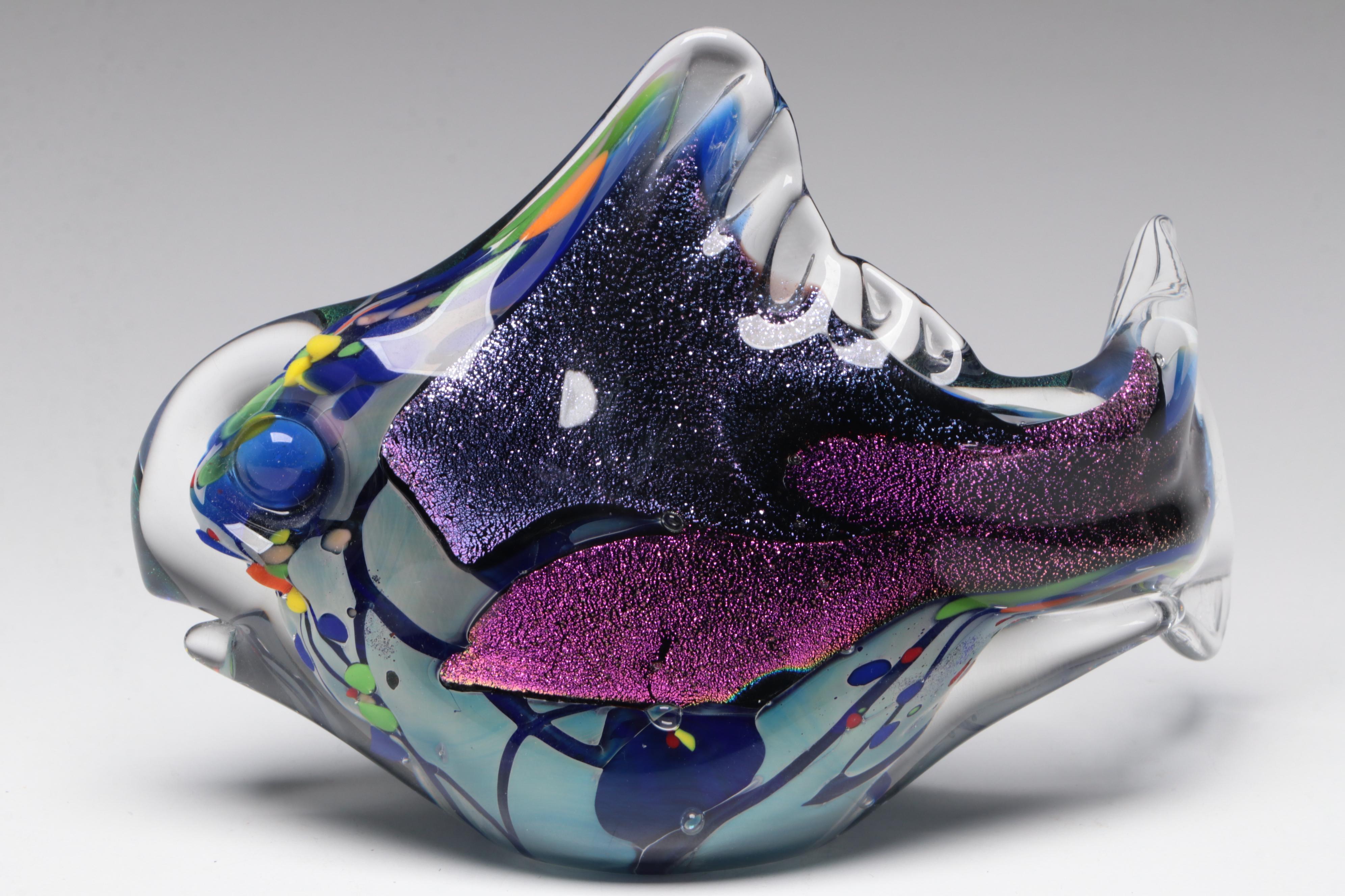 Rollin Karg Dichroic and Multicolor Art Glass Fish Sculptures, 2002