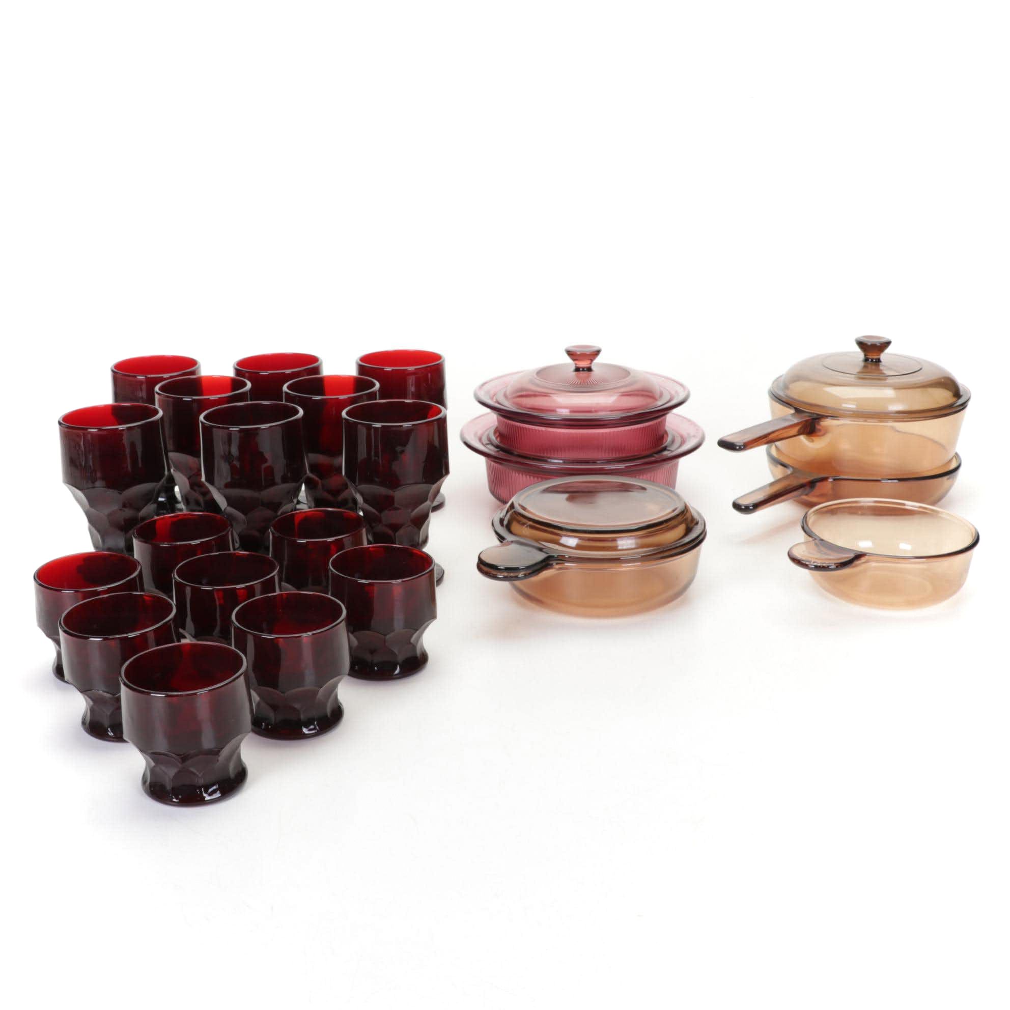 Anchor Hocking "Georgian" Ruby Red Glasses and Corning Vision Cookware