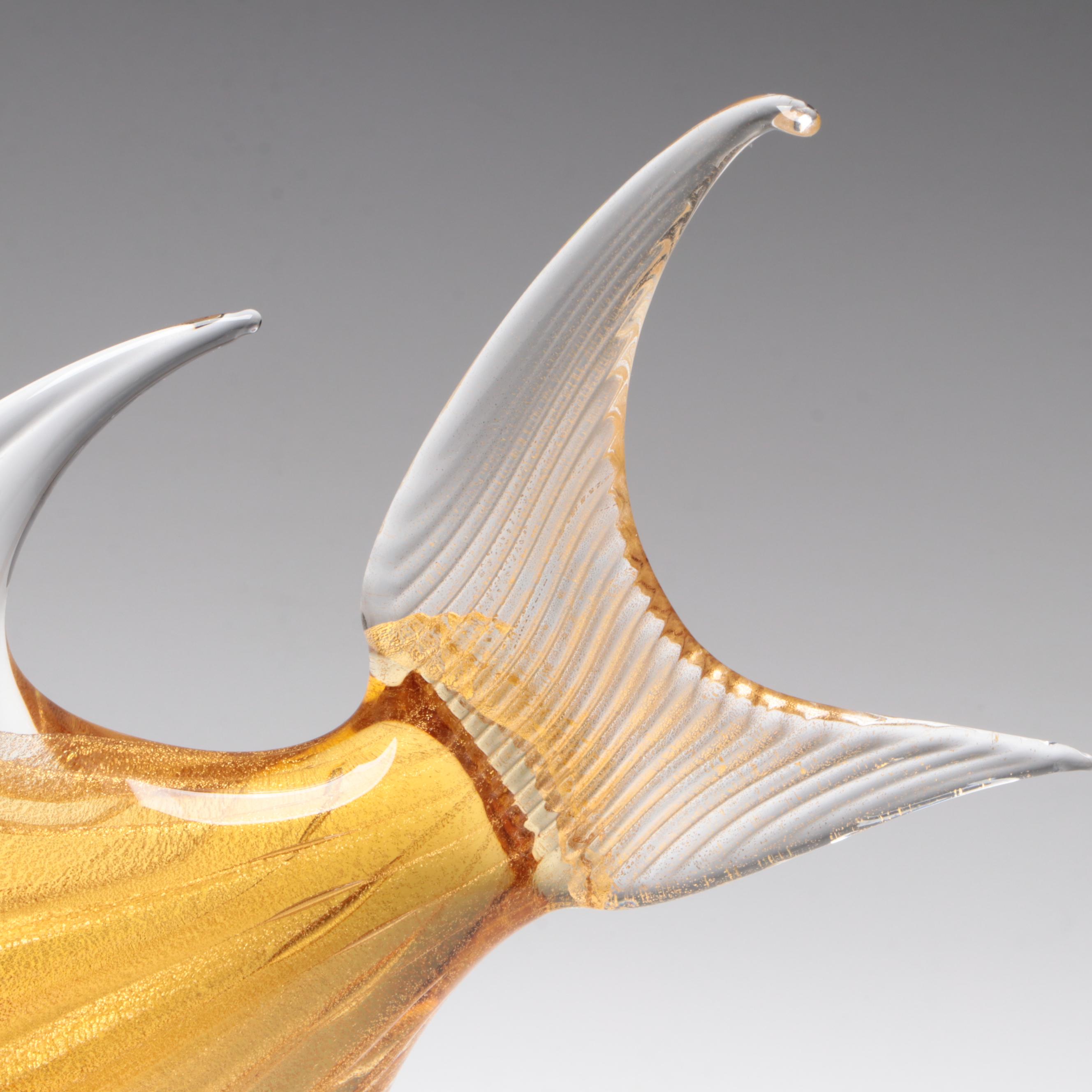 Murano Handcrafted Clear with Gold Leaf Art Glass Fish Sculpture