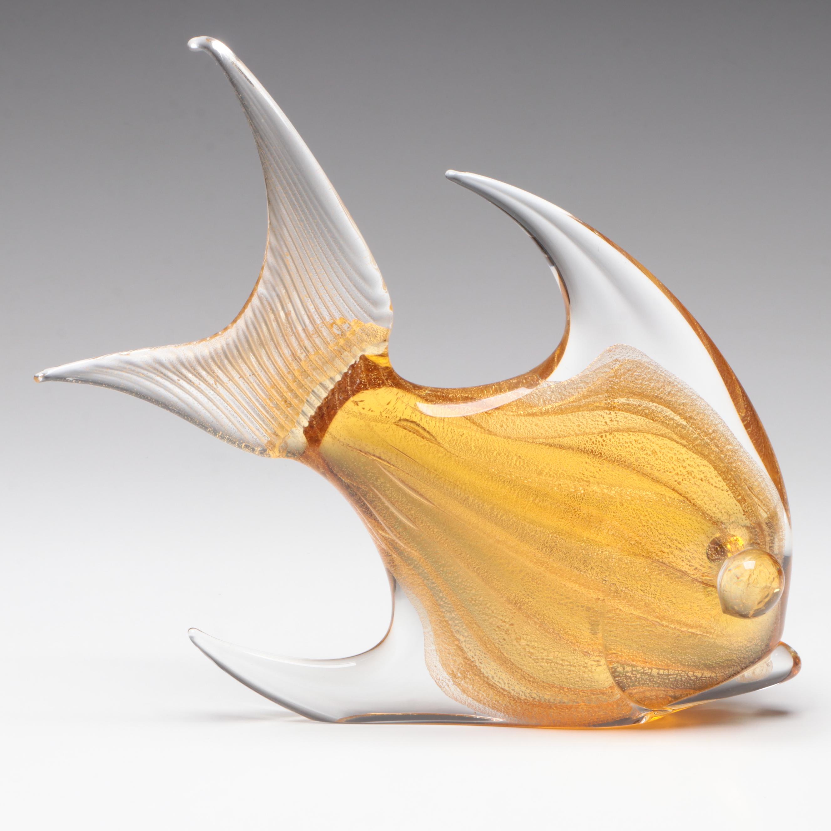Murano Handcrafted Clear with Gold Leaf Art Glass Fish Sculpture