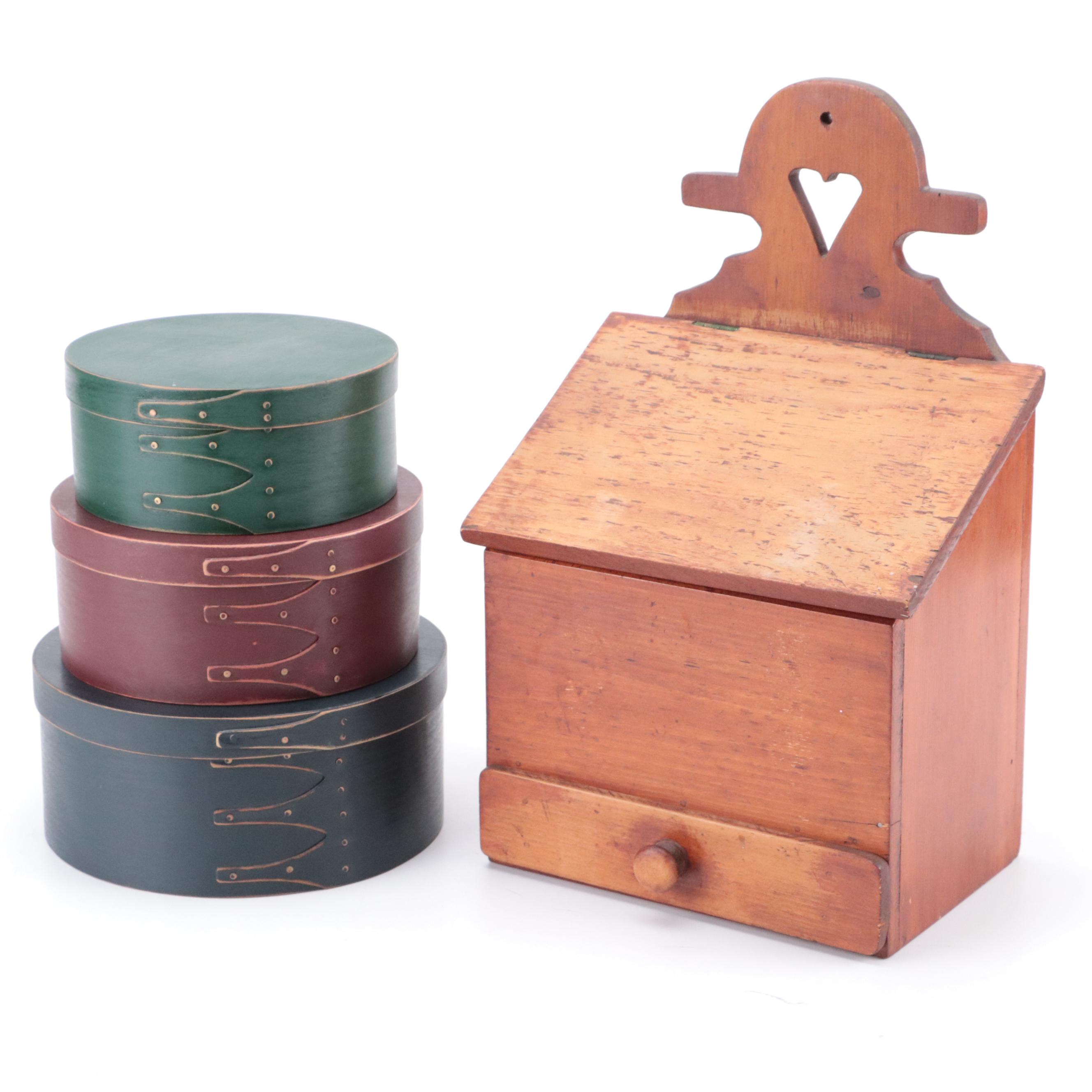 Primitive Style Wooden Wall Hanging Salt Box and Shaker Style Boxes