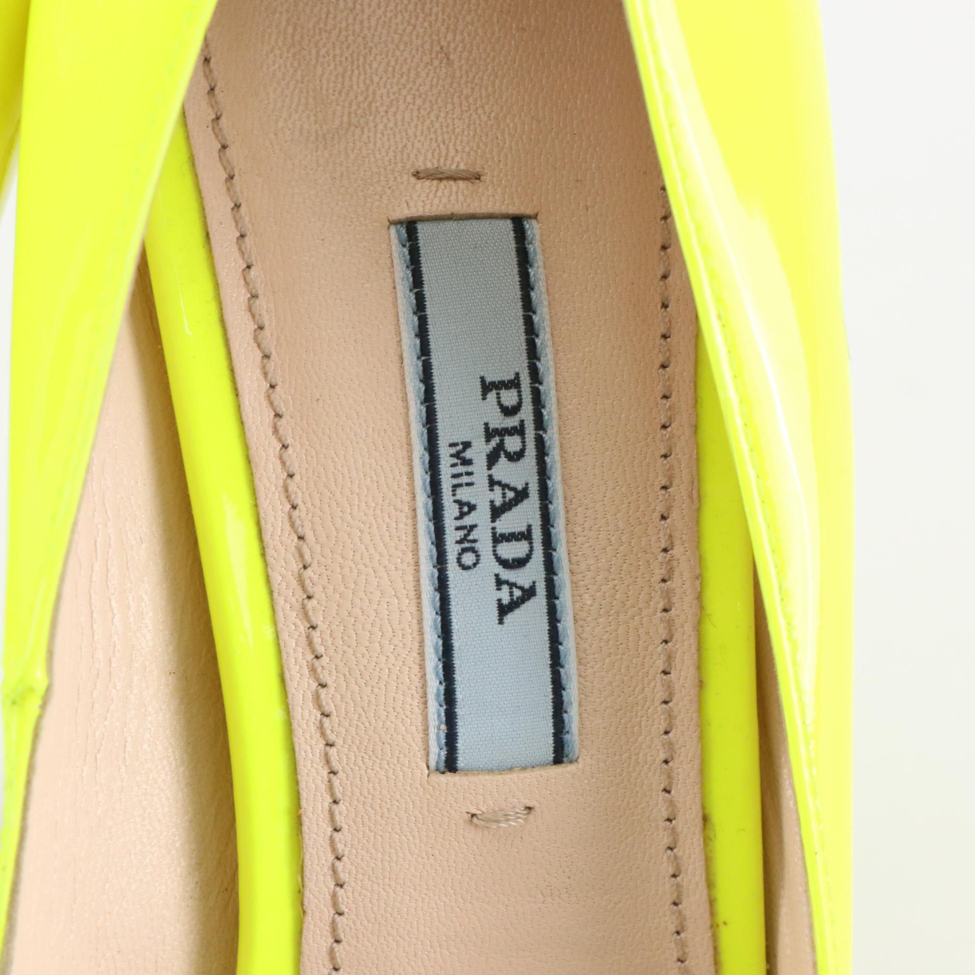Prada Peep Toe Platform Pumps in Neon Yellow Patent Leather