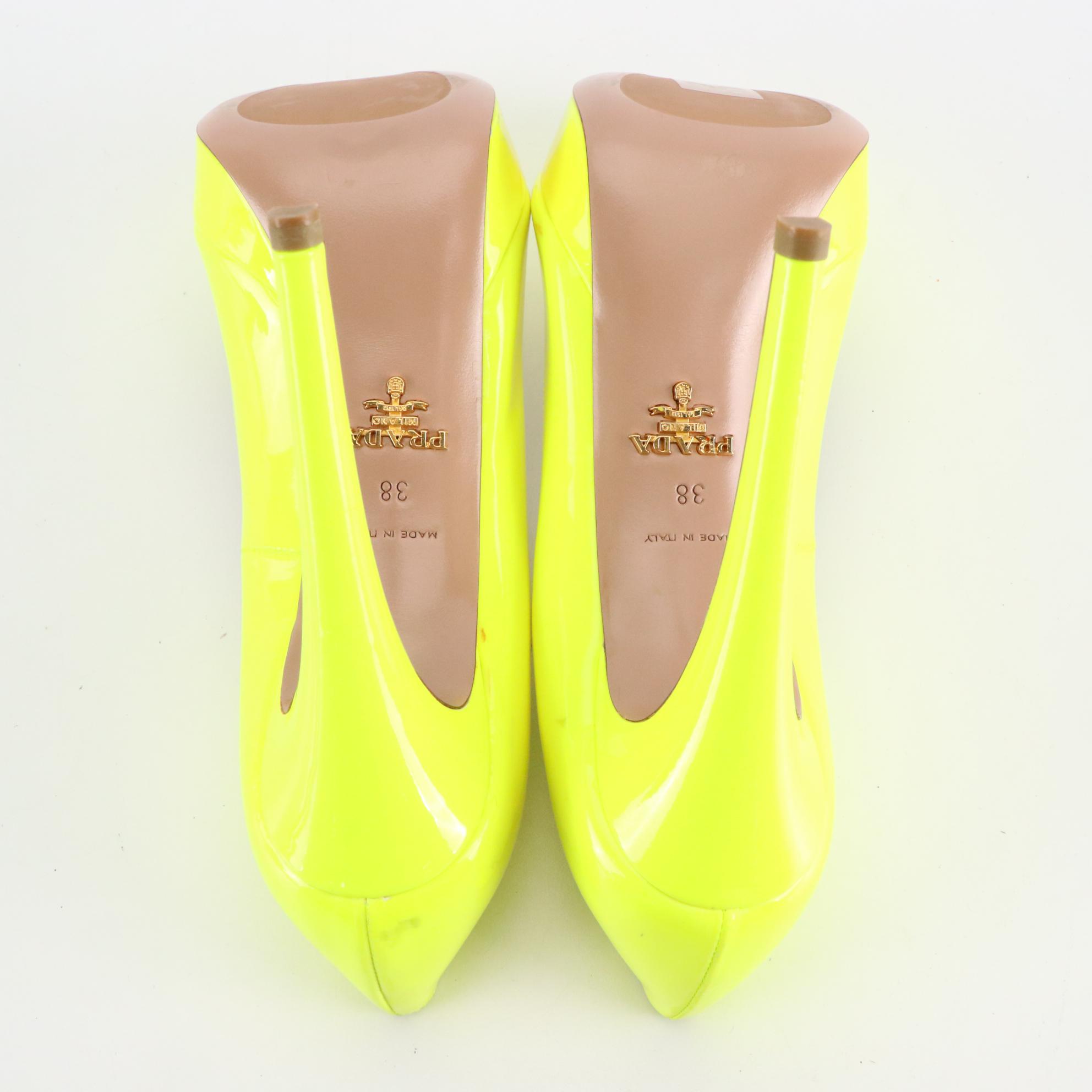 Prada Peep Toe Platform Pumps in Neon Yellow Patent Leather