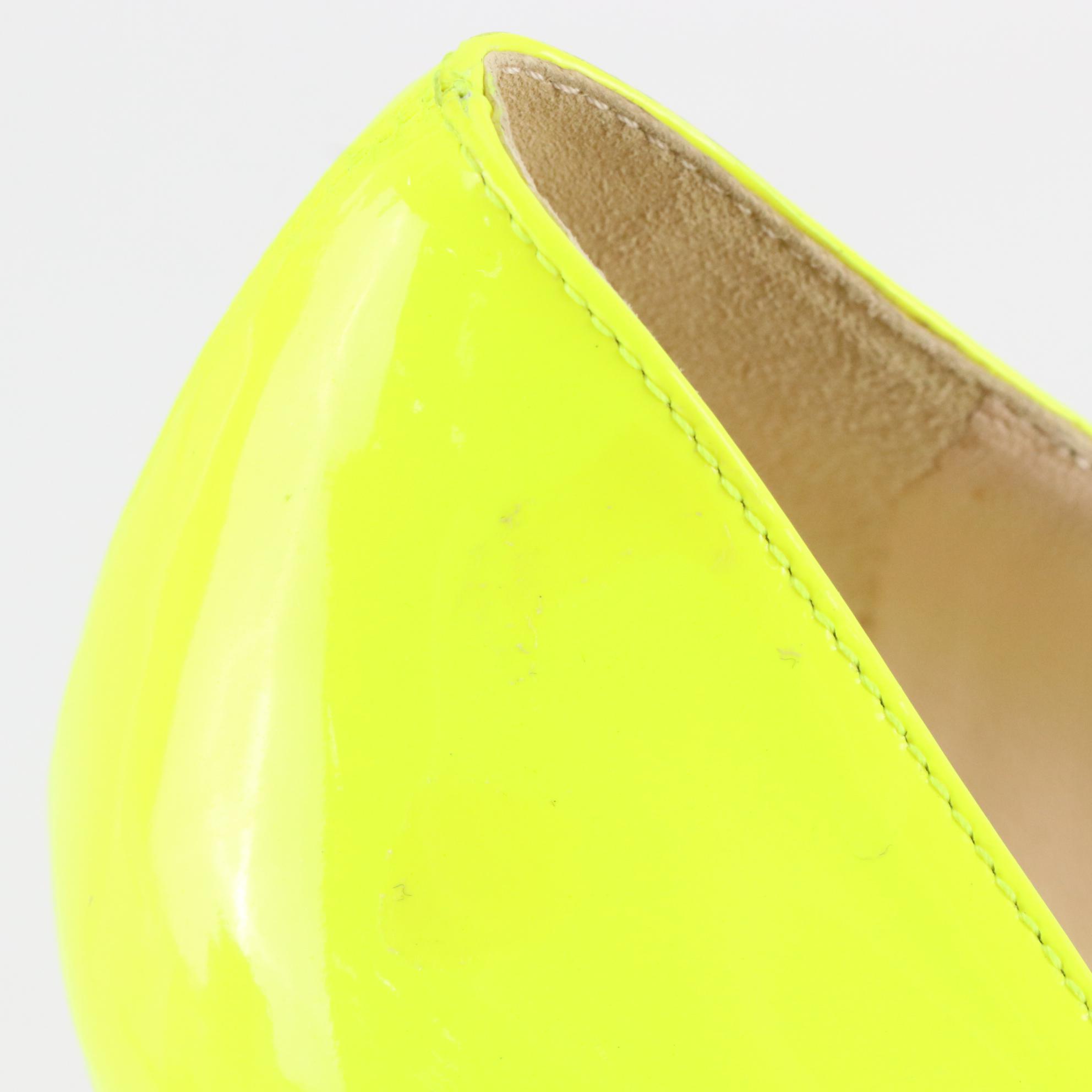 Prada Peep Toe Platform Pumps in Neon Yellow Patent Leather