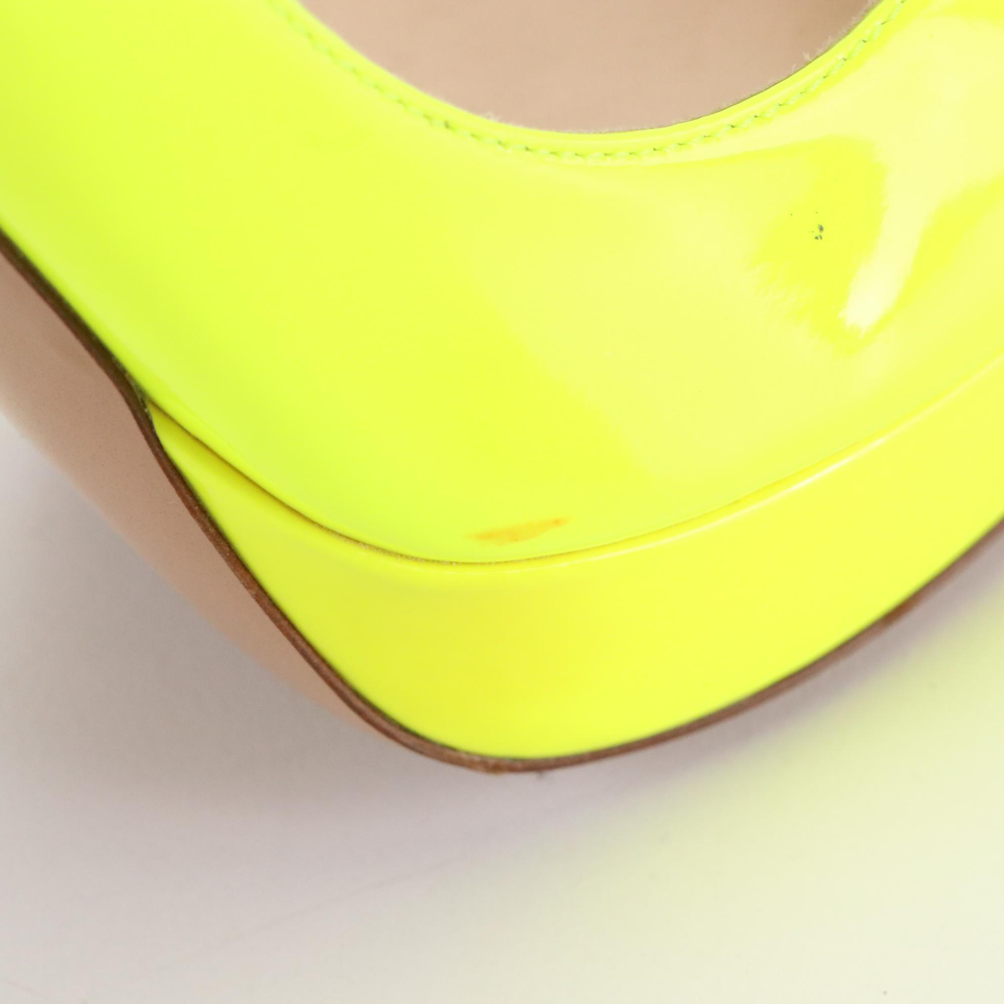Prada Peep Toe Platform Pumps in Neon Yellow Patent Leather