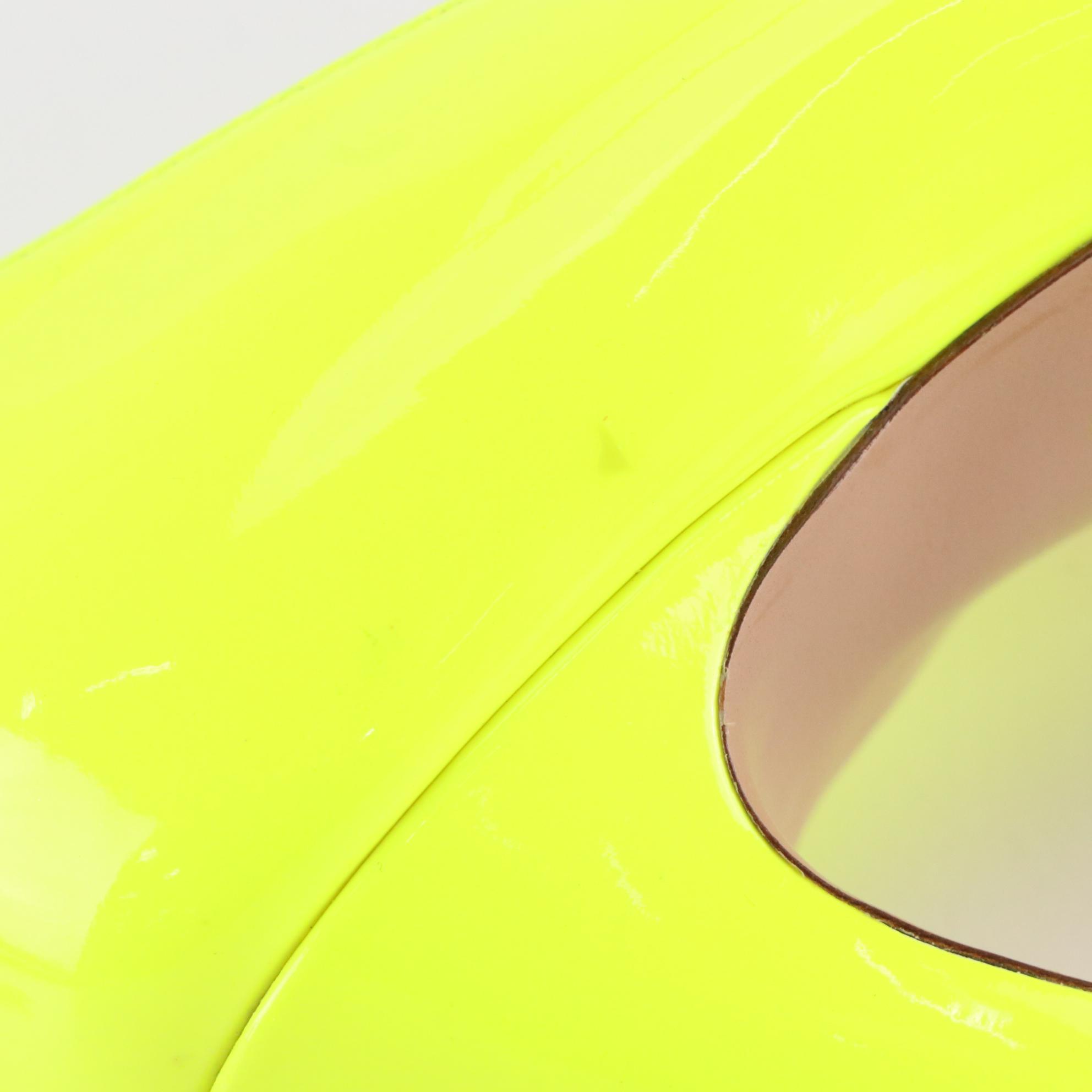 Prada Peep Toe Platform Pumps in Neon Yellow Patent Leather