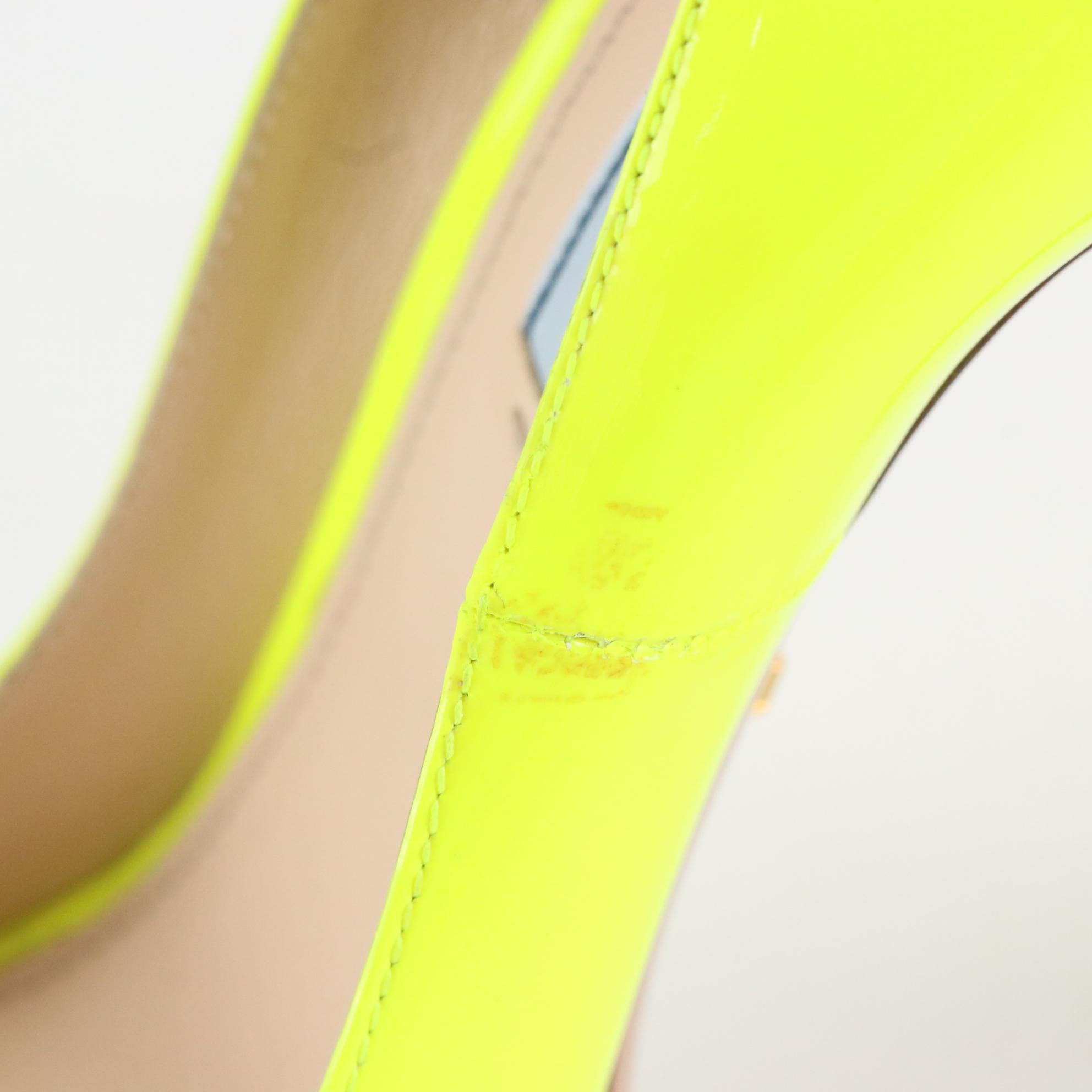 Prada Peep Toe Platform Pumps in Neon Yellow Patent Leather