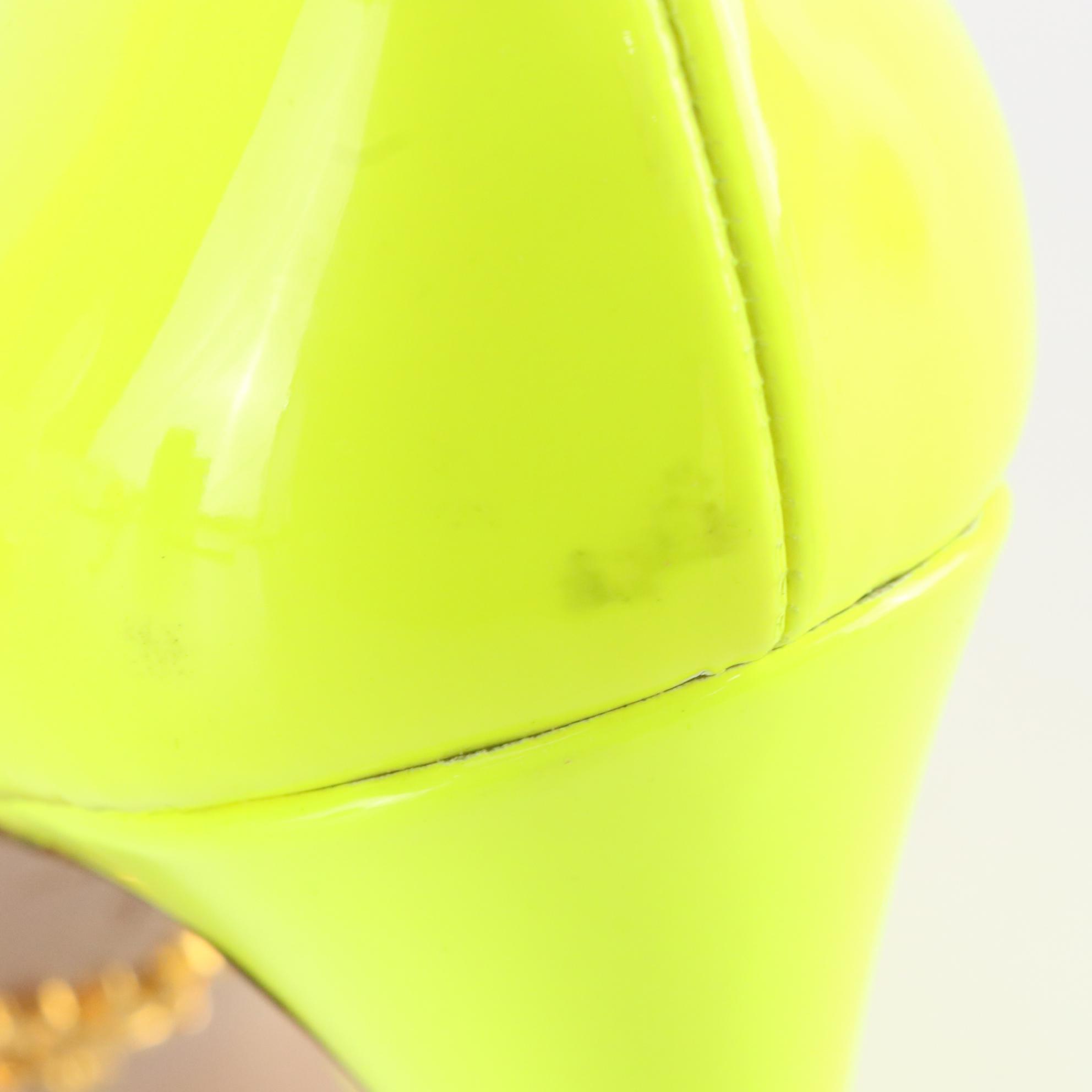 Prada Peep Toe Platform Pumps in Neon Yellow Patent Leather
