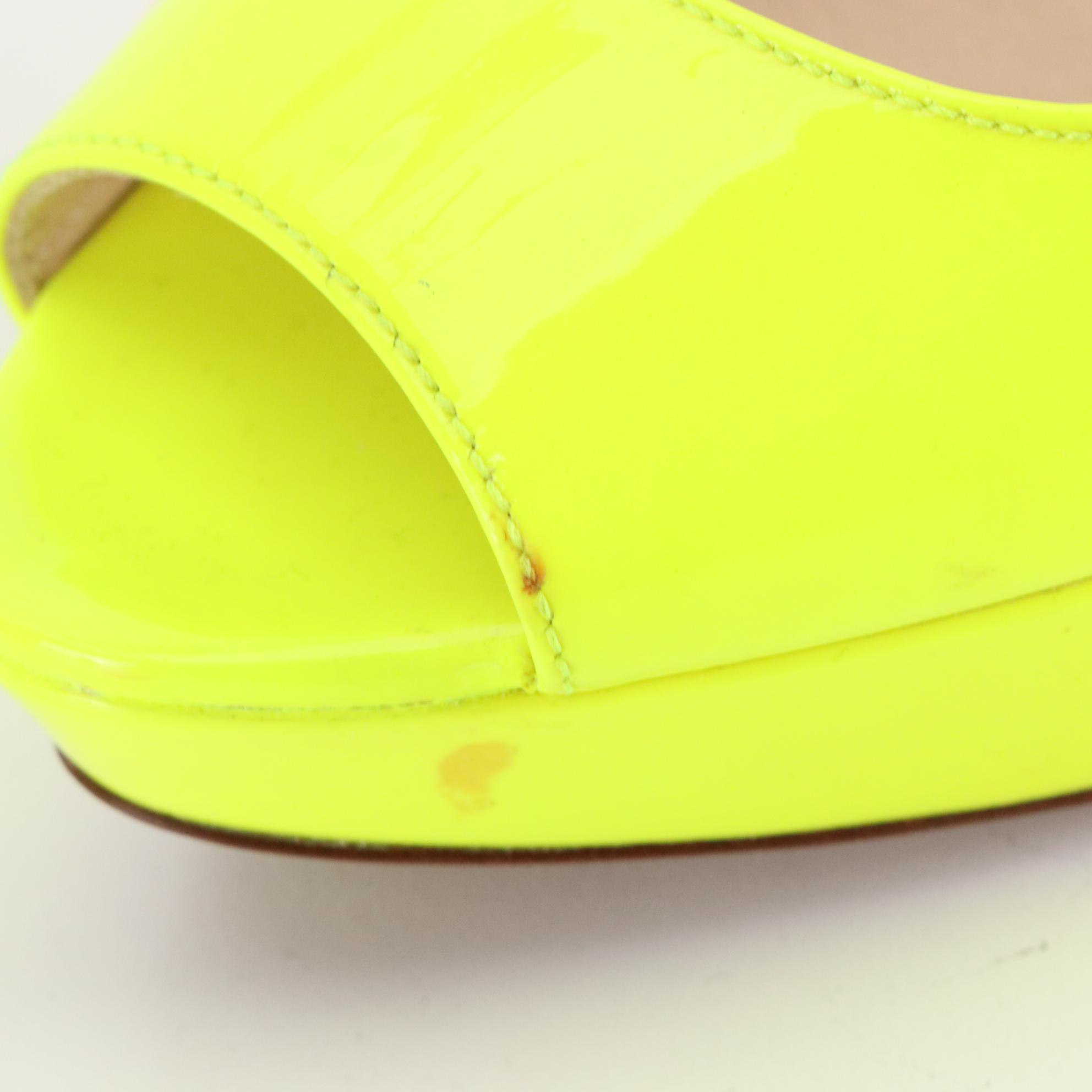 Prada Peep Toe Platform Pumps in Neon Yellow Patent Leather