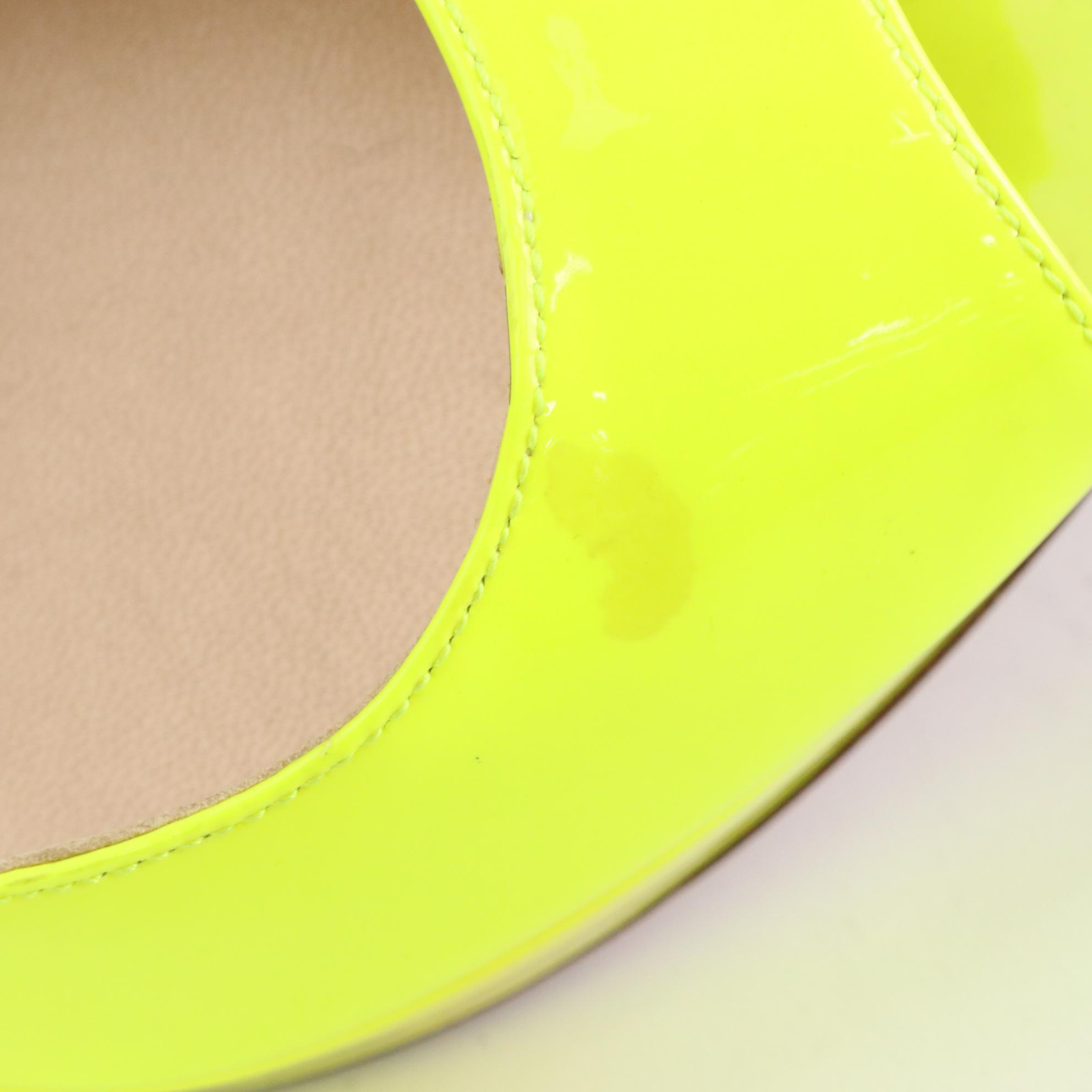 Prada Peep Toe Platform Pumps in Neon Yellow Patent Leather